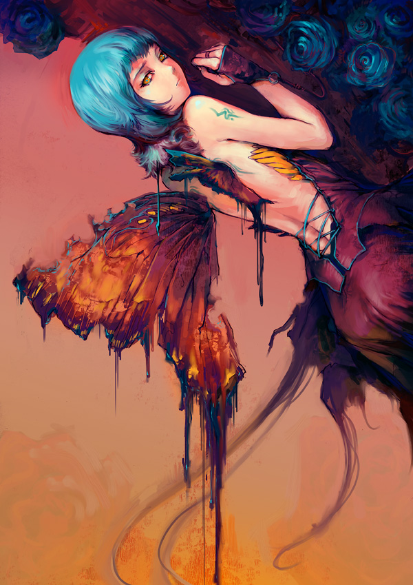 patipat asavasena, patipatasavasena, original, 1girl, backless dress, backless outfit, blue hair, butterfly wings, dress, dying, fairy, fairy wings, female focus, fingerless gloves, flower, gloves, insect wings, jewelry, ring, rose, sad, short hair, solo, tattoo, wings, yellow eyes