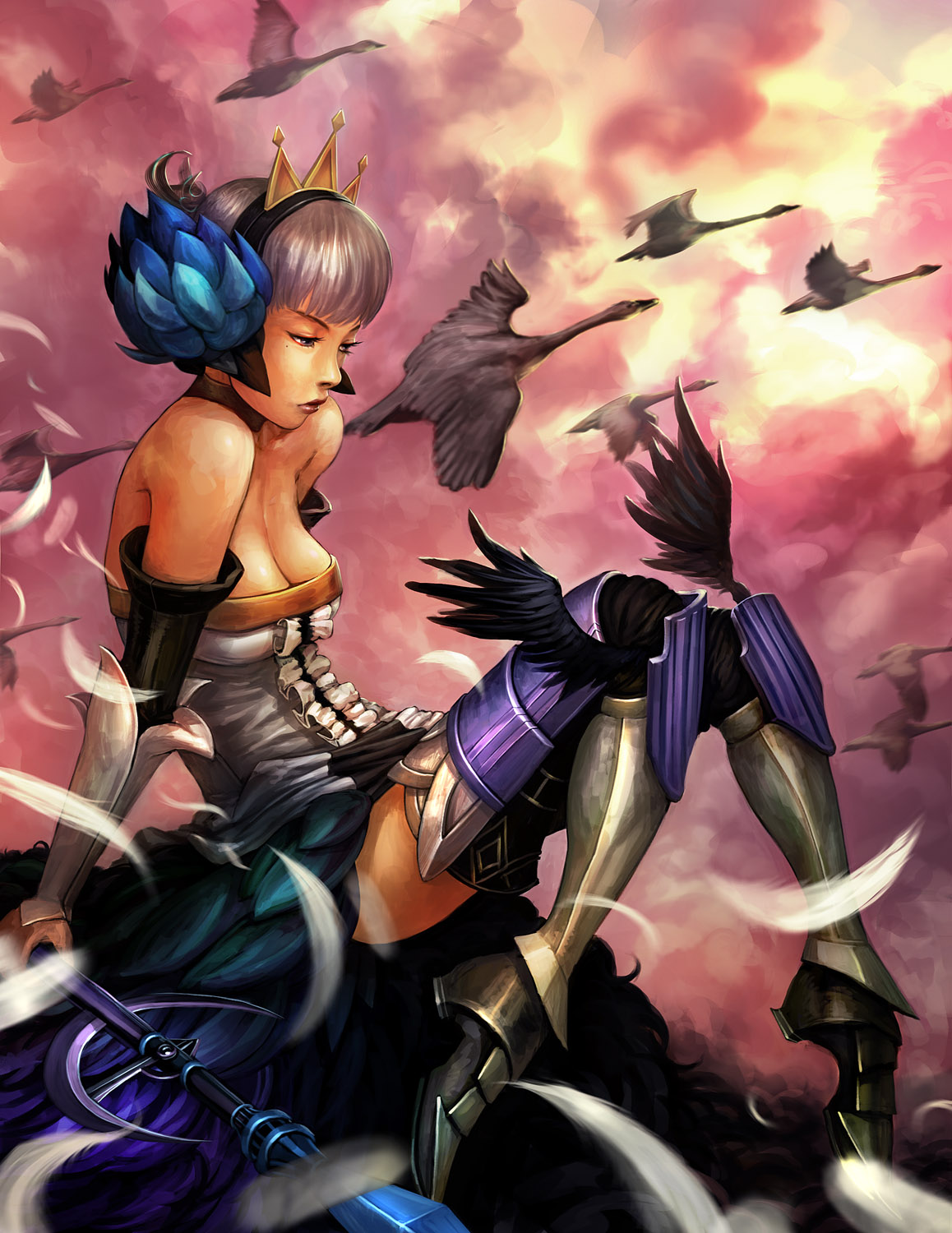 dcwj, gwendolyn (odin sphere), odin sphere, highres, 1girl, armor, armored dress, bird, black swan (bird), breasts, cleavage, dress, feathers, female focus, pink background, realistic, short hair, solo, swan, thighhighs