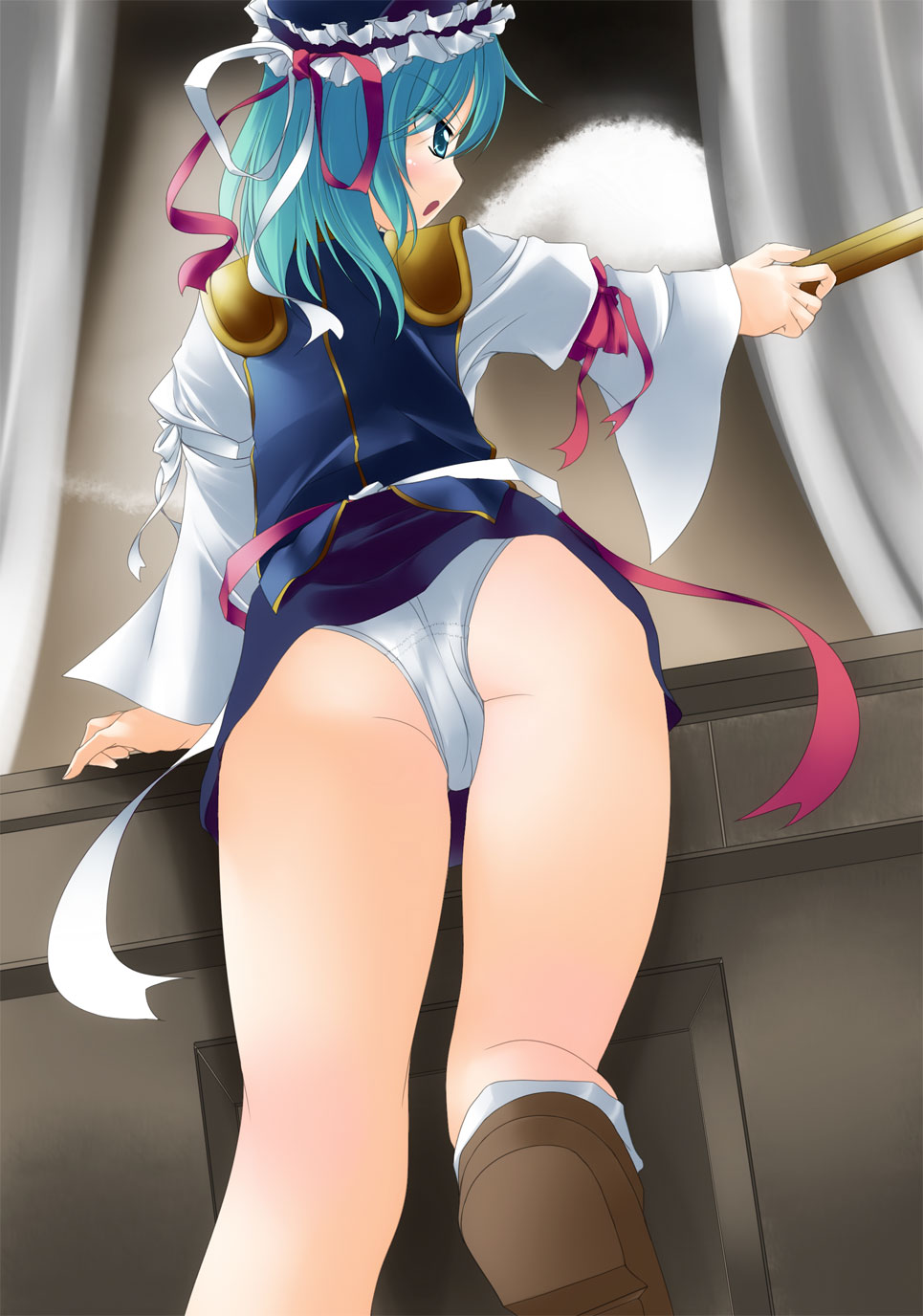 gisyo, shiki eiki, touhou, highres, 1girl, ass, bow, cameltoe, female focus, from below, green eyes, green hair, hat, legs, matching hair/eyes, panties, pantyshot, ribbon, rod of remorse, solo, thighs, underwear, upskirt