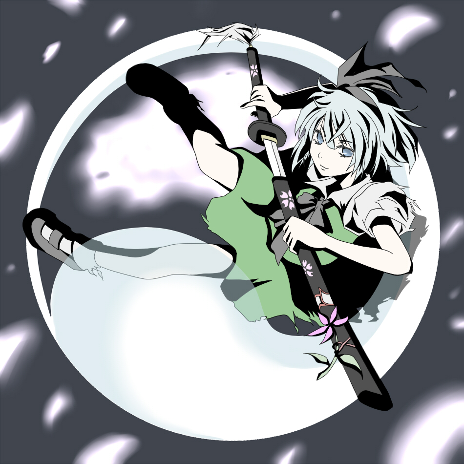 ao usagi, konpaku youmu, konpaku youmu (ghost), touhou, 1girl, female focus, hitodama, katana, sheath, solo, sword, unsheathing, weapon, yin yang