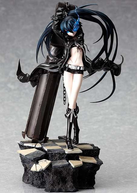 black rock shooter (character), black rock shooter, vocaloid, photo (medium), 10s, 1girl, arm cannon, arms up, belt, bikini, bikini top only, black hair, blue eyes, boots, chain, checkered floor, coat, crossed legs, female focus, figure, figure (medium), flat chest, glowing, glowing eye, glowing eyes, gun, huge weapon, long hair, navel, scar, shorts, solo, standing, swimsuit, twintails, uneven twintails, watson cross, weapon, wind