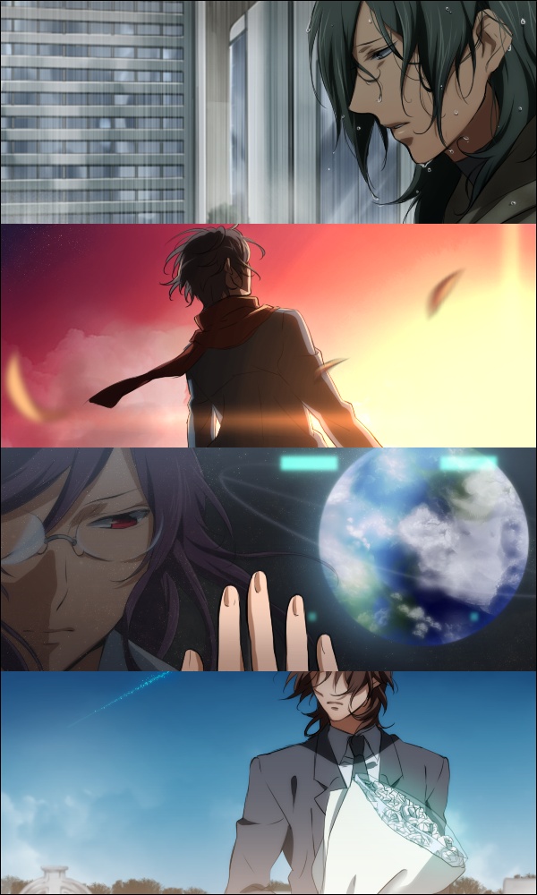 murakami yuichi, allelujah haptism, lockon stratos, setsuna f. seiei, tieria erde, gundam, gundam 00, bad id, bad pixiv id, 00s, 4boys, earth (planet), male focus, multiple boys, rain, sad, sky, space, wet