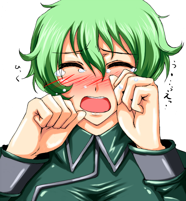 iwamoto eiri, hilling care, gundam, gundam 00, bad id, bad pixiv id, 00s, 1girl, blush, closed eyes, female focus, green hair, innovators (gundam 00), solo, tears