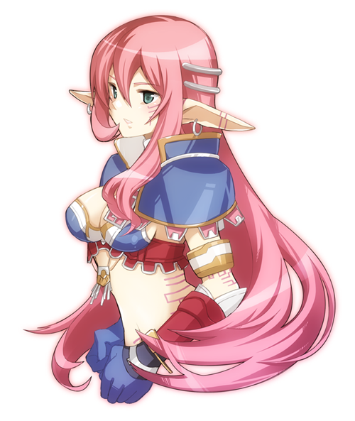 agi, myuria tionysus, star ocean, star ocean: the last hope, 1girl, blue eyes, breasts, earrings, elf, female focus, jewelry, long hair, long pointy ears, midriff, navel, pink hair, pointy ears, simple background, solo, tattoo