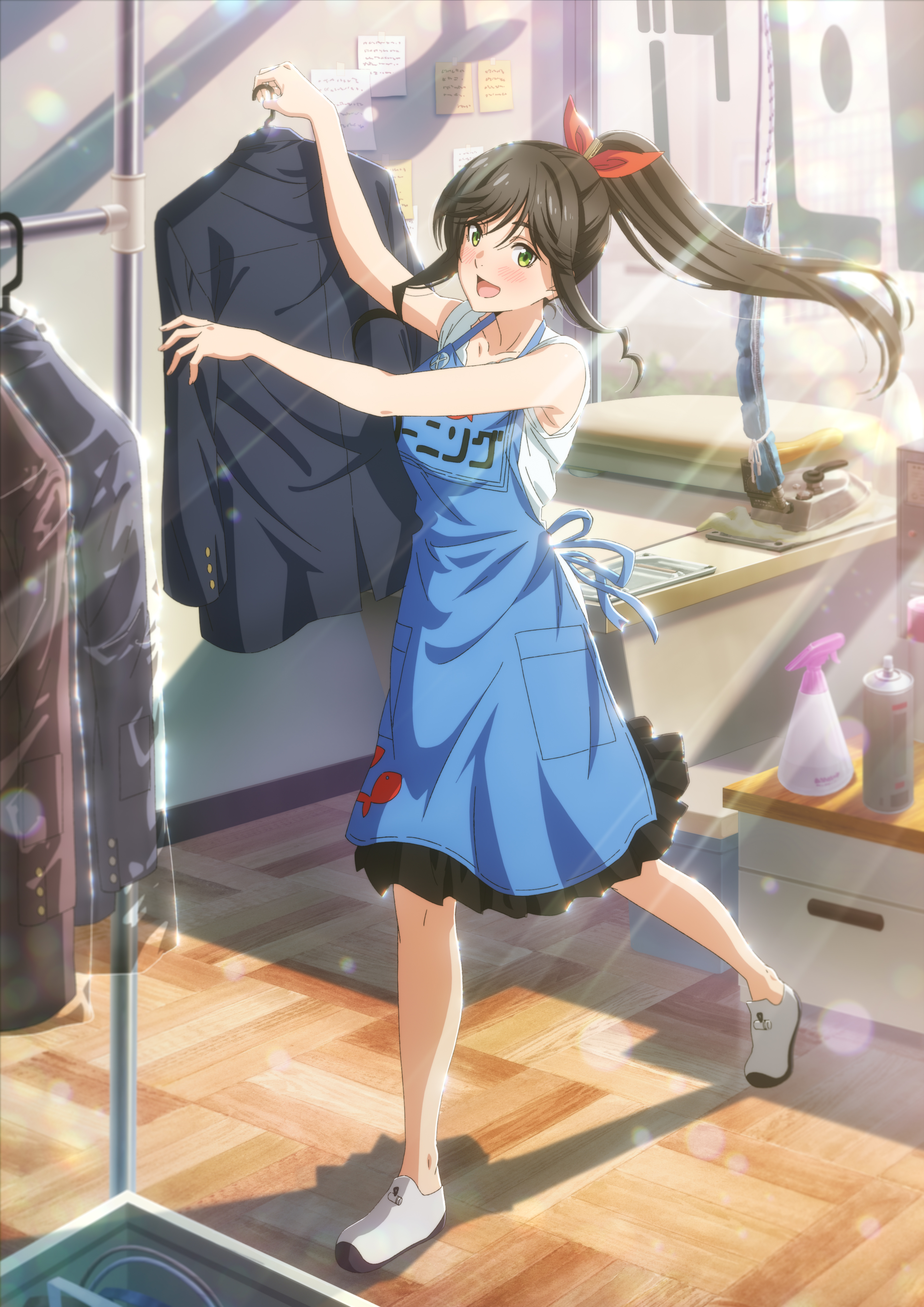 kinme wakana, absurdres, highres, official art, 1girl, :d, apron, bare arms, black hair, black skirt, blue apron, blush, bow, classroom, clothes hanger, green eyes, hair bow, holding, holding clothes hanger, holding unworn jacket, indoors, jacket, kirei ni shitemoraemasuka, light rays, long hair, looking at viewer, open mouth, ponytail, red bow, shirt, shoes, sidelocks, skirt, smile, solo, standing, sunbeam, sunlight, unworn jacket, white shirt, white shoes, wooden floor
