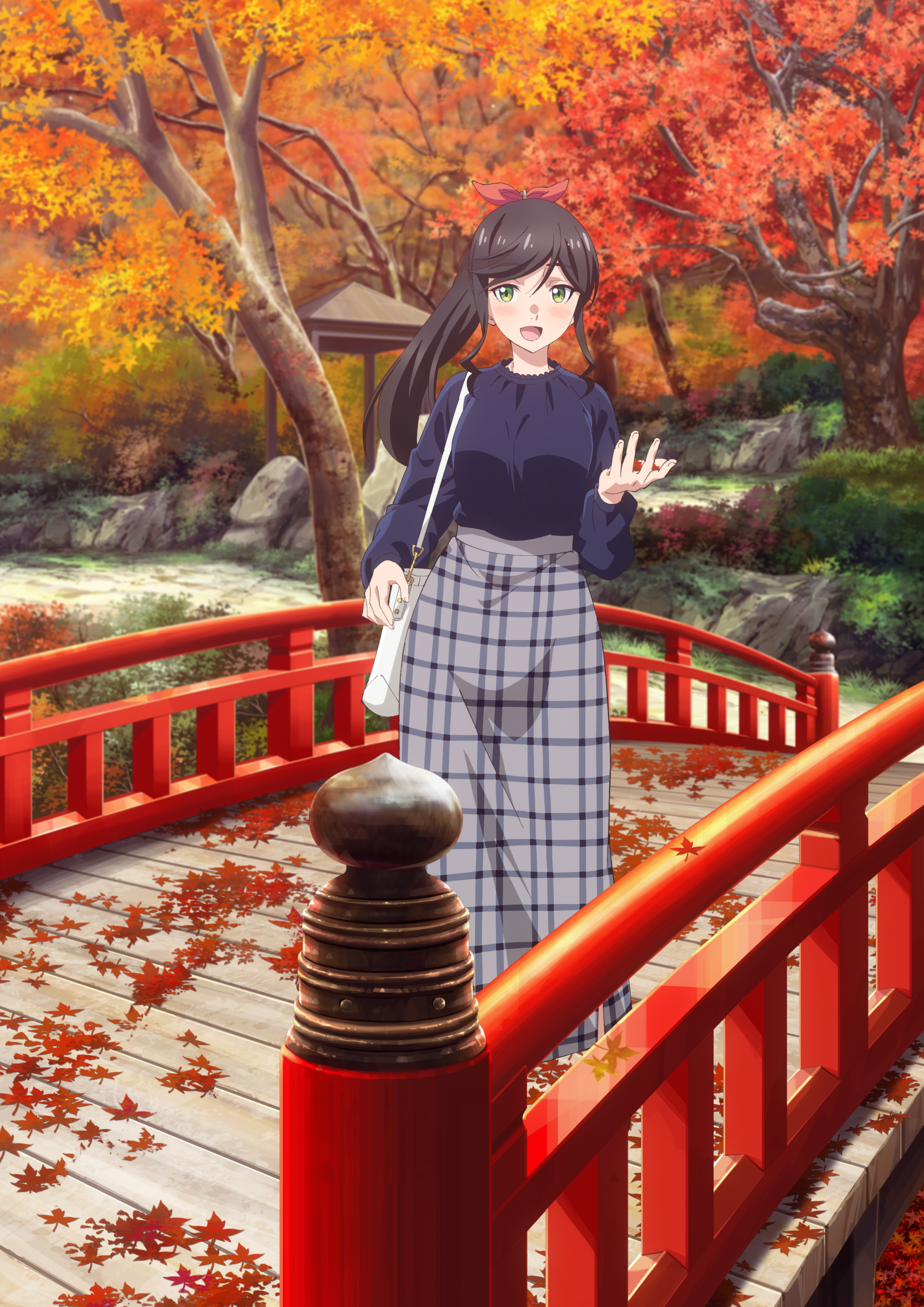 kinme wakana, absurdres, highres, official art, 1girl, :d, autumn, autumn leaves, bag, black hair, black sea, bridge, garden, green eyes, grey skirt, kirei ni shitemoraemasuka, leaf, long hair, long sleeves, looking at viewer, maple leaf, maple tree, open mouth, outdoors, ponytail, rock, shoulder bag, sidelocks, skirt, smile, solo, standing, tree
