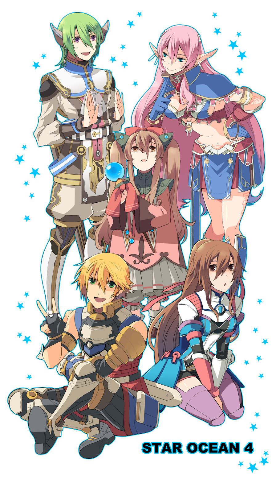 eterno, edge maverick, faize scheifa beleth, lymle lemuri phi, myuria tionysus, saionji reimi, star ocean, star ocean: the last hope, bad id, bad pixiv id, highres, 2boys, 3girls, armor, blonde hair, blue eyes, boots, bow, brown eyes, brown hair, ear covers, earrings, everyone, gloves, green eyes, green hair, hair bow, hand on own hip, hip focus, jewelry, leaning forward, long hair, midriff, multiple boys, multiple girls, pink hair, pointing, ponytail, purple eyes, sitting, skirt, smile, star (symbol), tattoo, thighhighs, twintails, v, very long hair