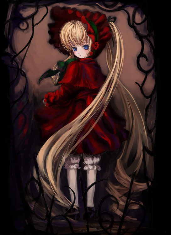 amejou satoshi, shinku, rozen maiden, 00s, blonde hair, blue eyes, bonnet, dress, drill hair, long hair, twintails, very long hair