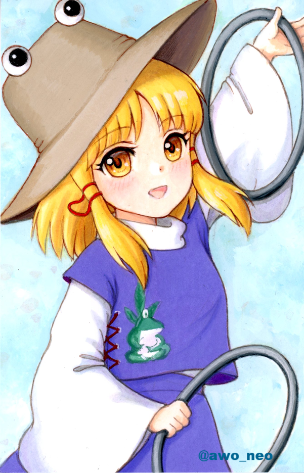 moriya suwako, touhou, commentary request, traditional media, 1girl, animal print, awo neo, blonde hair, blue background, blush, brown hat, chakram, frog print, hair ribbon, hat, holding, holding weapon, long hair, long sleeves, looking at viewer, moriya's iron rings, open mouth, purple skirt, purple vest, red ribbon, ribbon, skirt, skirt set, smile, solo, tress ribbon, twitter username, vest, weapon, wide sleeves, yellow eyes
