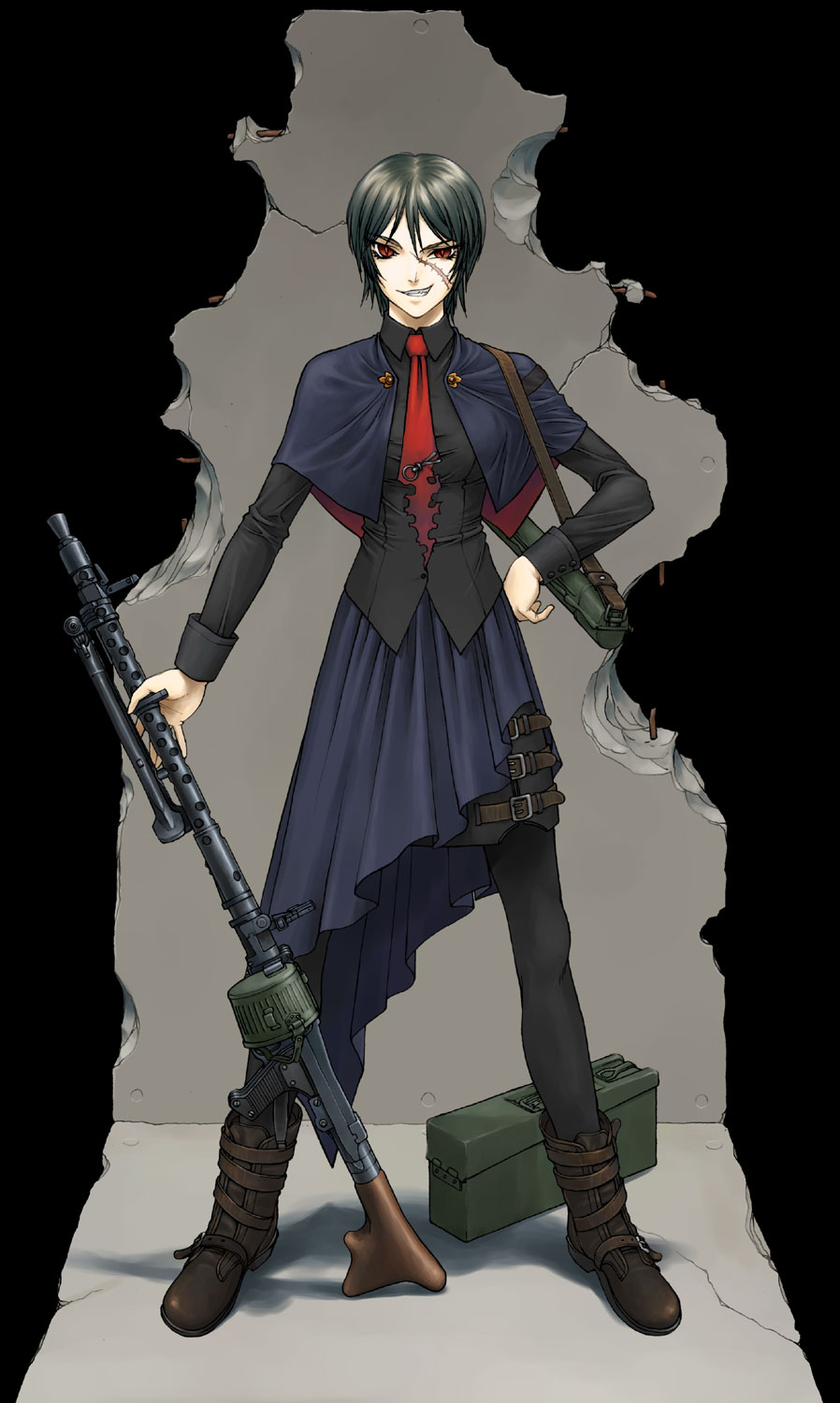 bang-you, highres, ammunition box, boots, brown boots, gun, hand on own hip, machine gun, mg 34, necktie, pantyhose, red eyes, red necktie, scar, short hair, solo, stray bullets, weapon