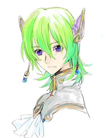 mooche, faize scheifa beleth, star ocean, star ocean: the last hope, bad id, bad pixiv id, lowres, 1boy, bishounen, ear covers, green hair, male focus, purple eyes, solo