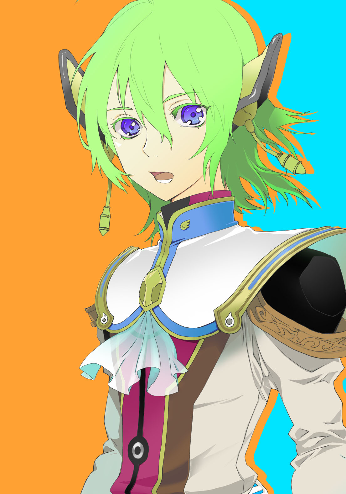 mooche, faize scheifa beleth, star ocean, star ocean: the last hope, highres, 1boy, bishounen, ear covers, green hair, male focus, purple eyes, solo