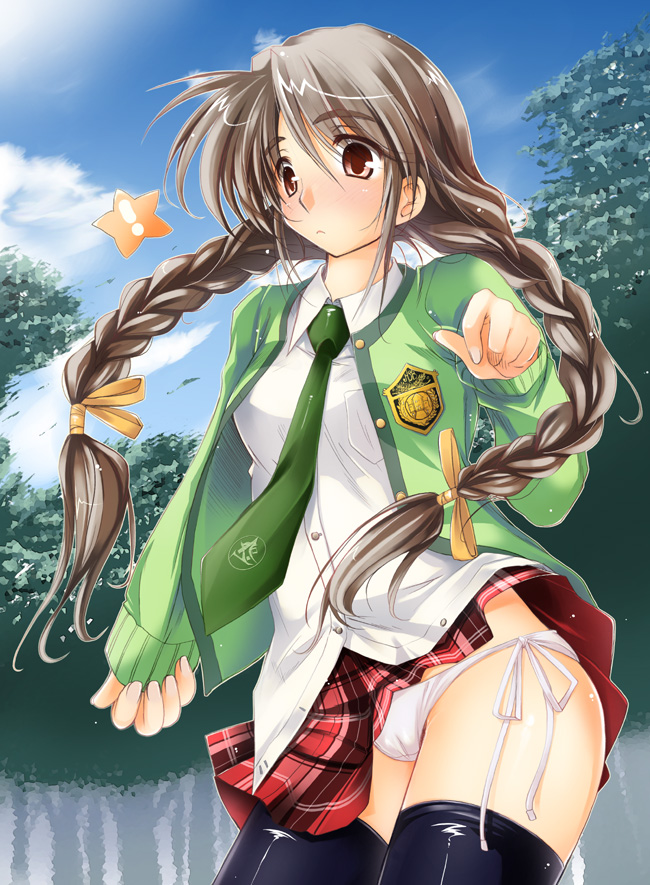 ayano naoto, original, 1girl, black thighhighs, braid, cardigan, female focus, panties, school uniform, side-tie panties, solo, thighhighs, twin braids, underwear, wind, wind lift