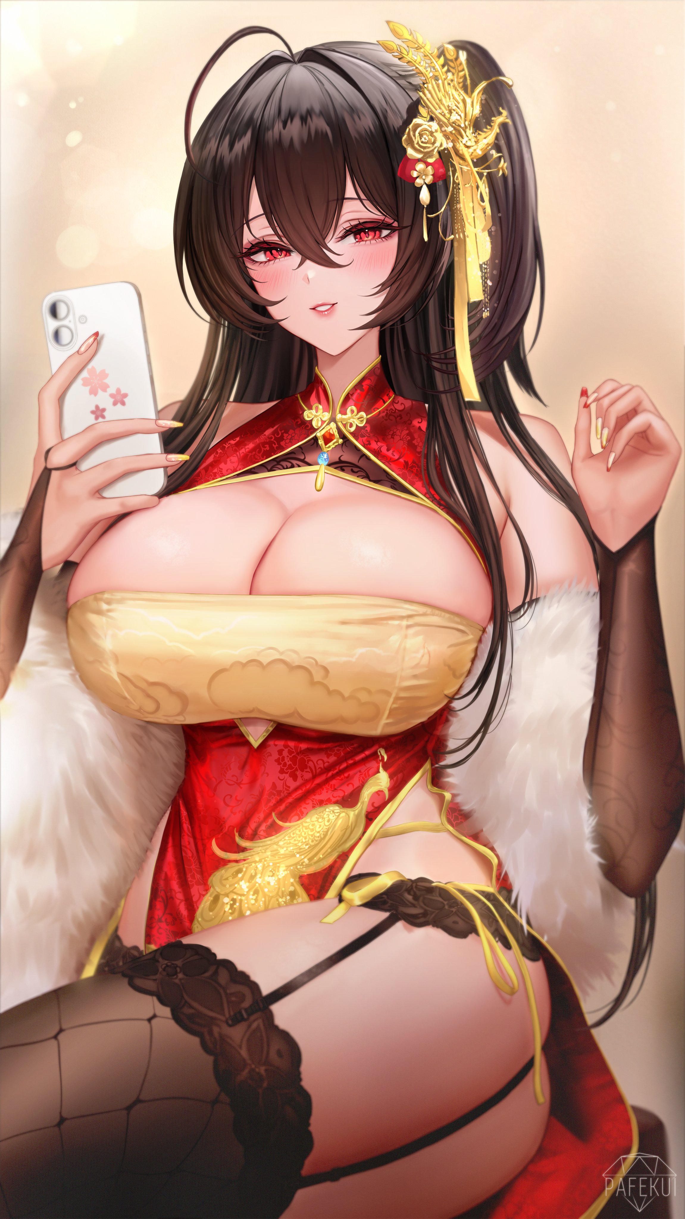 pafekui, taihou (azur lane), taihou (phoenix's spring song) (azur lane), azur lane, absurdres, commentary, english commentary, highres, mixed-language commentary, 1girl, ahoge, animal print, artist logo, bare shoulders, bird print, black garter belt, black hair, black thighhighs, breasts, bridal gauntlets, brown gloves, cellphone, china dress, chinese clothes, cleavage, cleavage cutout, clothing cutout, cloud print, dress, elbow gloves, feather boa, fishnet thighhighs, fishnets, framed breasts, garter belt, gem, gloves, gold trim, hair between eyes, hair intakes, hair ornament, holding, holding phone, huge breasts, lace, lace-trimmed thighhighs, lace trim, light blush, logo, long hair, looking at viewer, low neckline, nail polish, official alternate costume, parted lips, pelvic curtain, phone, red dress, red eyes, red gemstone, skindentation, sleeveless, sleeveless dress, smartphone, solo, thighhighs