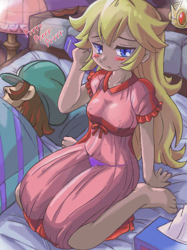 sa (tsuda1999), luigi, princess peach, mario (series), nintendo, super mario bros. 1, 1boy, 1girl, blonde hair, breasts, indoors, long hair, netorare, panties, see-through clothes, sleepy, underwear