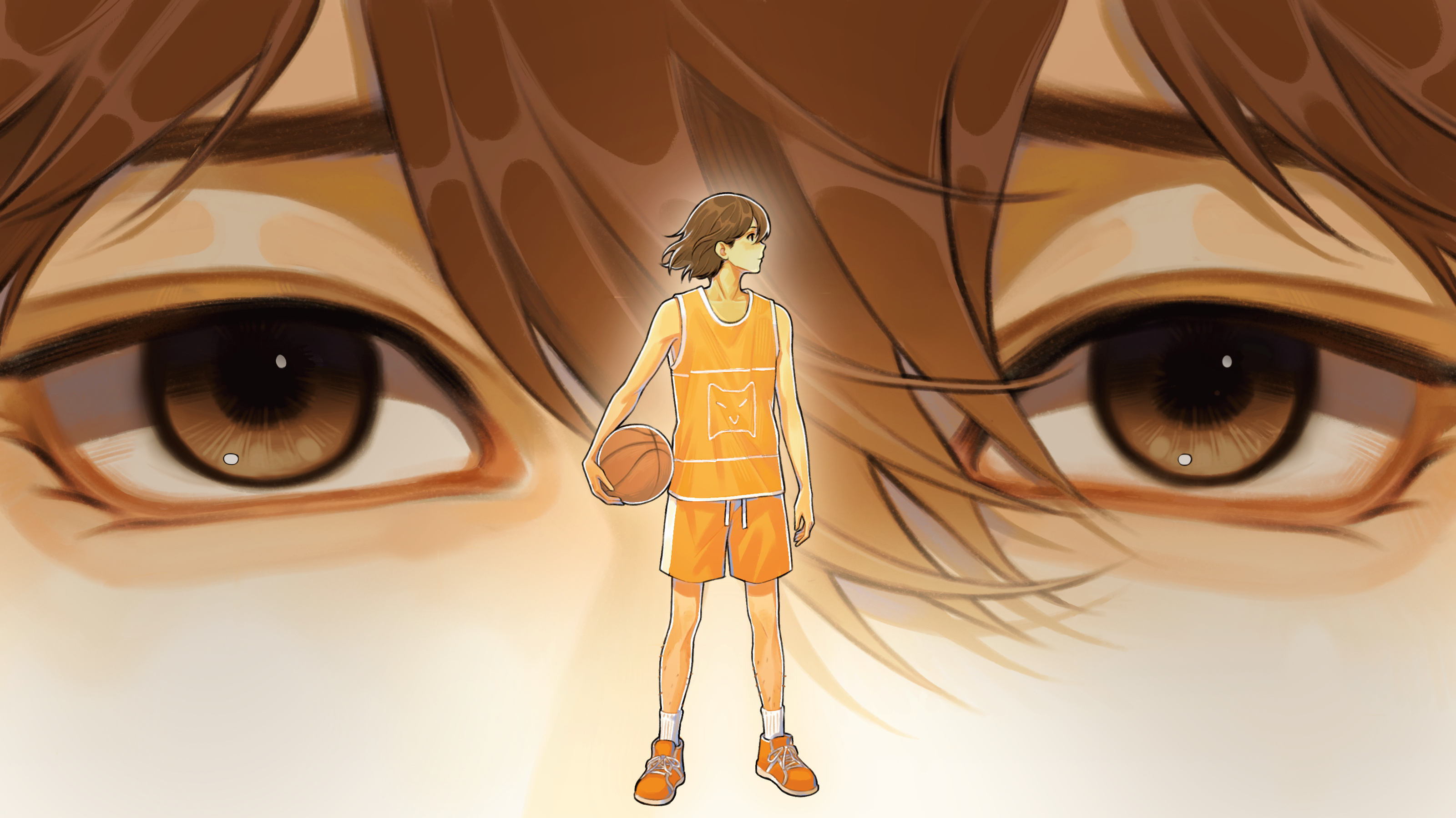 css021125, kel (faraway) (omori), kel (omori), omori, absurdres, highres, 1boy, alternate eye color, ball, basketball (object), brown eyes, brown hair, closed mouth, collarbone, dark-skinned male, dark skin, full body, holding, holding ball, looking to the side, orange shoes, orange shorts, shoes, short hair, shorts, sneakers, socks, solo, white socks