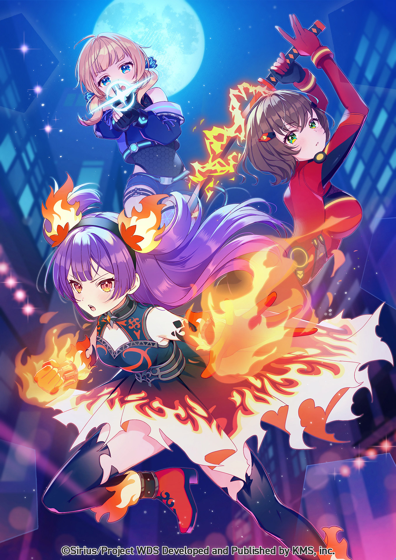 kitokito tokito, motosu towa, nekoashi tsubomi, shiromaru mito, world dai star, highres, official art, 3girls, ahoge, bare shoulders, blue eyes, boots, breasts, dress, fire, full moon, gloves, green eyes, hair ornament, long hair, long sleeves, looking at viewer, medium breasts, moon, multiple girls, night, night sky, open mouth, purple hair, red dress, red gloves, short hair, sky, standing, thighhighs, torn clothes, twintails, watermark