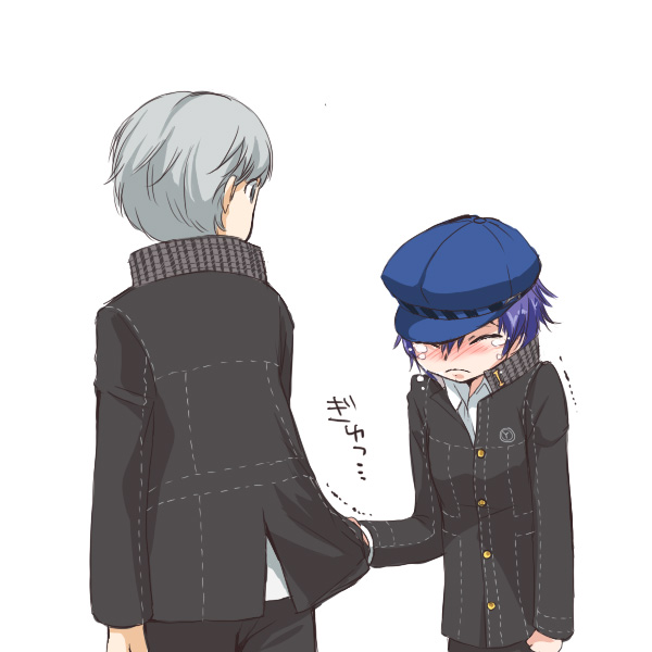 akina tsukako, narukami yu, shirogane naoto, atlus, persona, persona 4, translation request, 1boy, 1girl, androgynous, clothes grab, crying, reverse trap, short hair, tears
