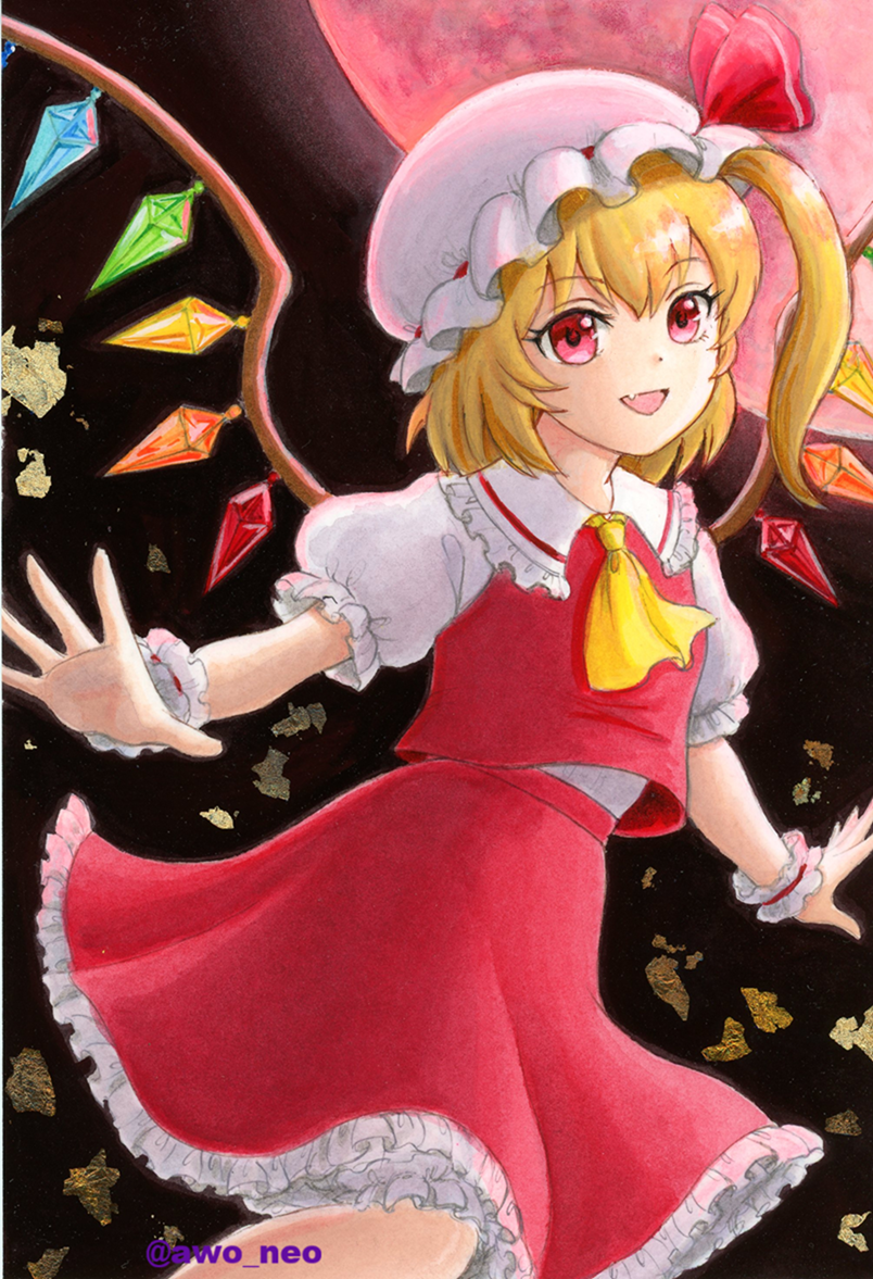 flandre scarlet, touhou, commentary request, traditional media, 1girl, ascot, awo neo, blonde hair, bloomers, collared shirt, crystal, crystal wings, fang, frilled shirt collar, frilled skirt, frills, hat, hat ribbon, looking at viewer, mob cap, moon, multicolored wings, one side up, open mouth, outstretched arms, red eyes, red moon, red skirt, red vest, ribbon, shirt, skin fang, skirt, skirt set, smile, solo, spread arms, twitter username, underwear, vest, white bloomers, white hat, white shirt, wings, yellow ascot