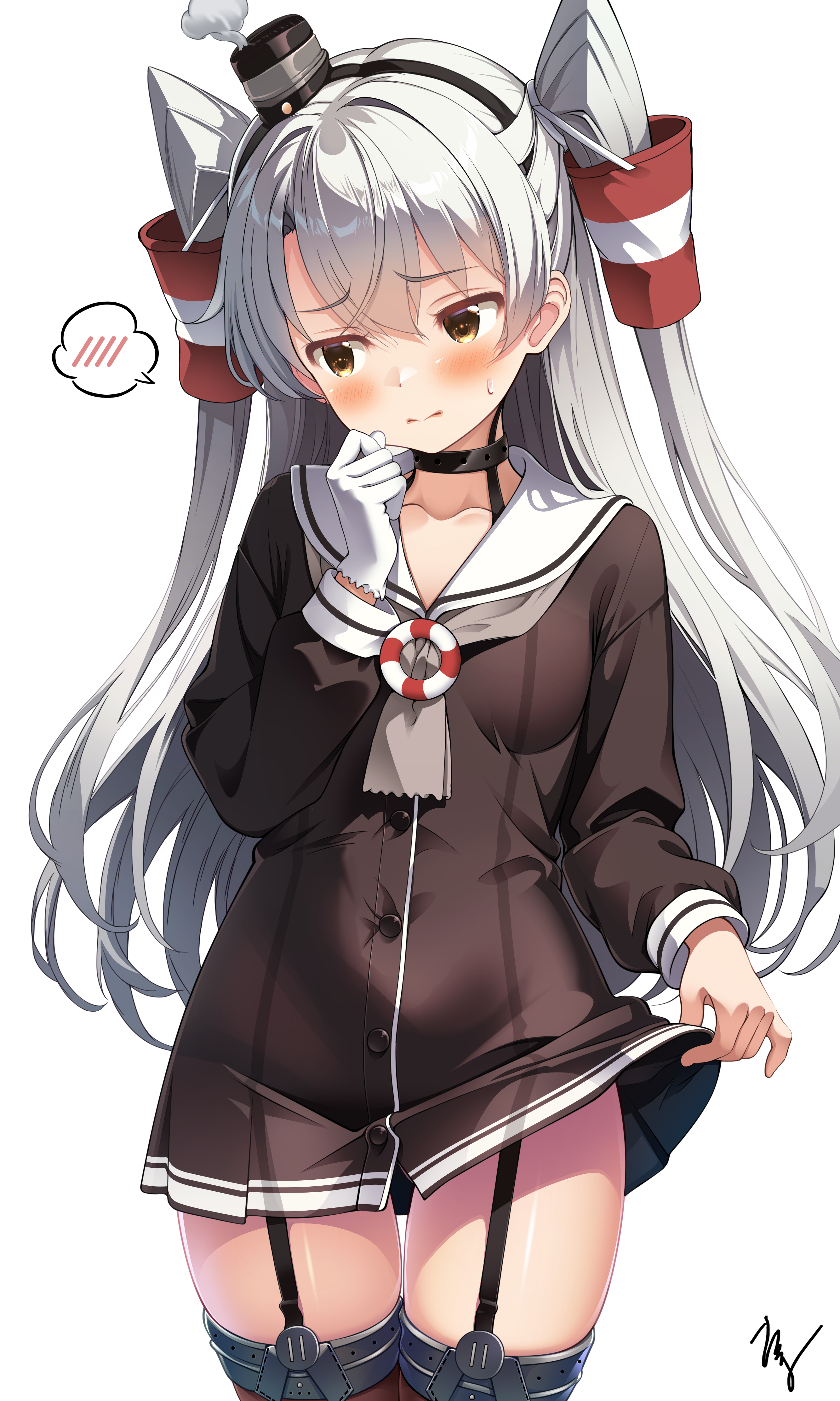 takuma (takumo7121), amatsukaze (kancolle), kantai collection, absurdres, commentary request, highres, 1girl, black choker, blush, breasts, brown dress, brown eyes, choker, clothes lift, covered navel, cowboy shot, dress, dress lift, garter straps, gloves, grey hair, grey neckerchief, hair tubes, lifebuoy, lifebuoy ornament, lifting own clothes, long hair, long sleeves, looking to the side, neckerchief, no pants, red thighhighs, sailor collar, sailor dress, short dress, simple background, single glove, small breasts, smokestack hair ornament, solo, swim ring, thighhighs, two side up, white background, white sailor collar