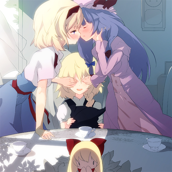 kaede (sayappa), keimari, sayappa, alice margatroid, kirisame marisa, patchouli knowledge, shanghai doll, touhou, bad id, bad pixiv id, 4girls, blonde hair, blue eyes, blush, braid, couple, covering another's eyes, covering face, covering own eyes, covering own mouth, covering privates, cup, doll, female focus, hat, holding, holding unworn clothes, holding unworn hat, kiss, long hair, multiple girls, purple hair, ribbon, short hair, teacup, unworn hat, unworn headwear, witch, witch hat, yuri