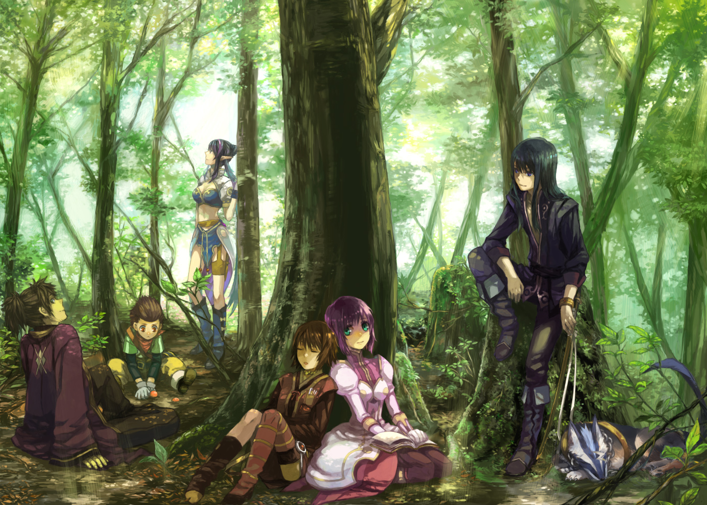 shinono, estellise sidos heurassein, judith (tales), karol capel, raven (tales), repede (tales), rita mordio, yuri lowell, tales of (series), tales of vesperia, 00s, 3boys, 3girls, boots, dog, everyone, knee boots, multiple boys, multiple girls, pointy ears