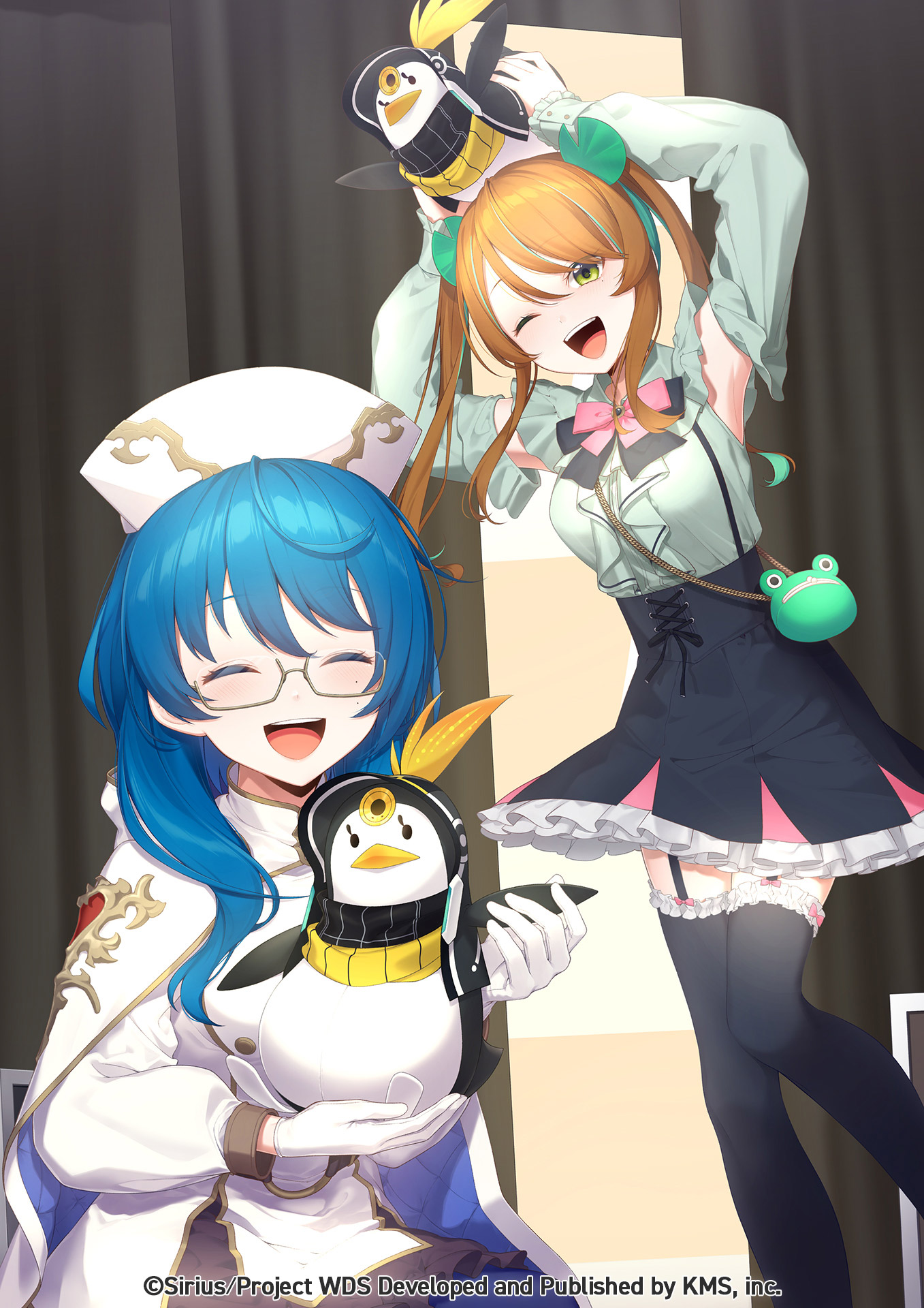 gevokawa geno, toneri nikako, yorozu iruru, chunithm, world dai star, highres, official art, 2girls, ^ ^, arms up, blue hair, bow, brown hair, chuni penguin, closed eyes, cosplay, garter straps, glasses, gloves, green eyes, hebikari ako, hebikari ako (cosplay), long hair, looking at viewer, multiple girls, one eye closed, open mouth, skirt, smile, thighhighs, white gloves, zettai ryouiki