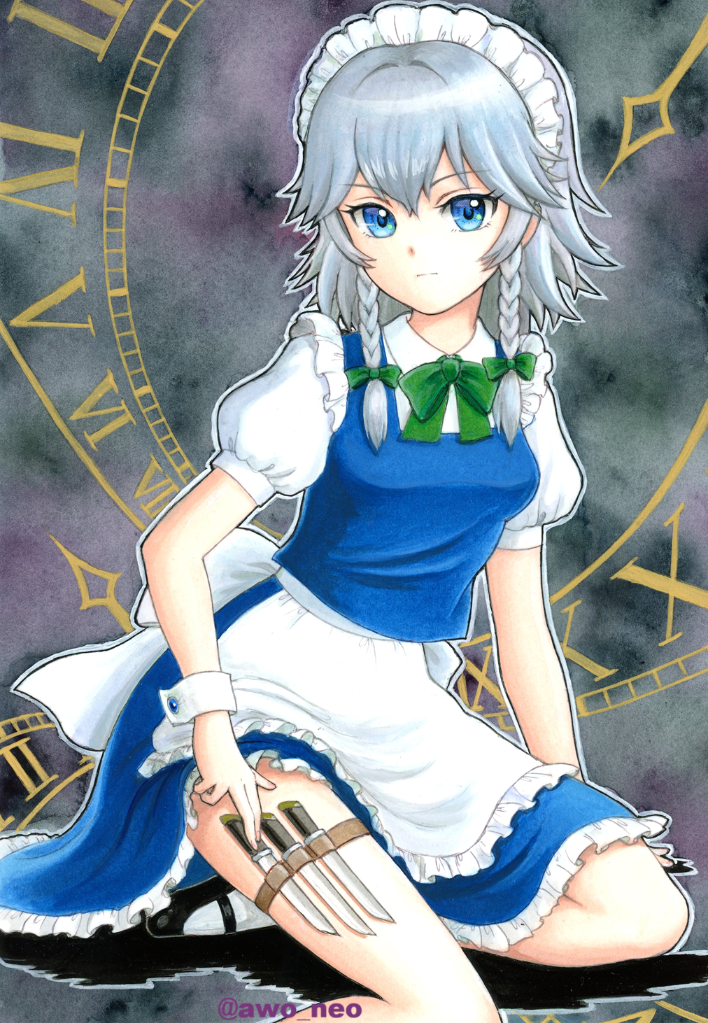 izayoi sakuya, touhou, commentary request, highres, 1girl, apron, awo neo, black shoes, blue eyes, blue skirt, blue vest, bow, bowtie, braid, breasts, closed mouth, collared shirt, frilled skirt, frills, green bow, green bowtie, grey hair, hair bow, knife, long hair, looking at viewer, maid, maid headdress, mary janes, puffy short sleeves, puffy sleeves, roman numeral, shirt, shoes, short sleeves, sitting, skirt, socks, solo, thigh strap, twin braids, twitter username, vest, waist apron, weapon in garters, white apron, white shirt, white socks, wrist cuffs