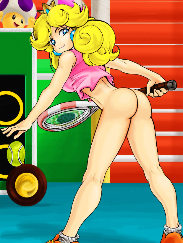 princess peach, toad (mario), mario (series), mario tennis, nintendo, super mario bros. 1, 1girl, ass, ball, bare shoulders, blonde hair, blue eyes, bottomless, earrings, female focus, jewelry, long hair, looking at viewer, looking back, mushroom, no panties, racket, shoes, smile, socks, solo, tank top, tennis, tennis ball, tennis racket