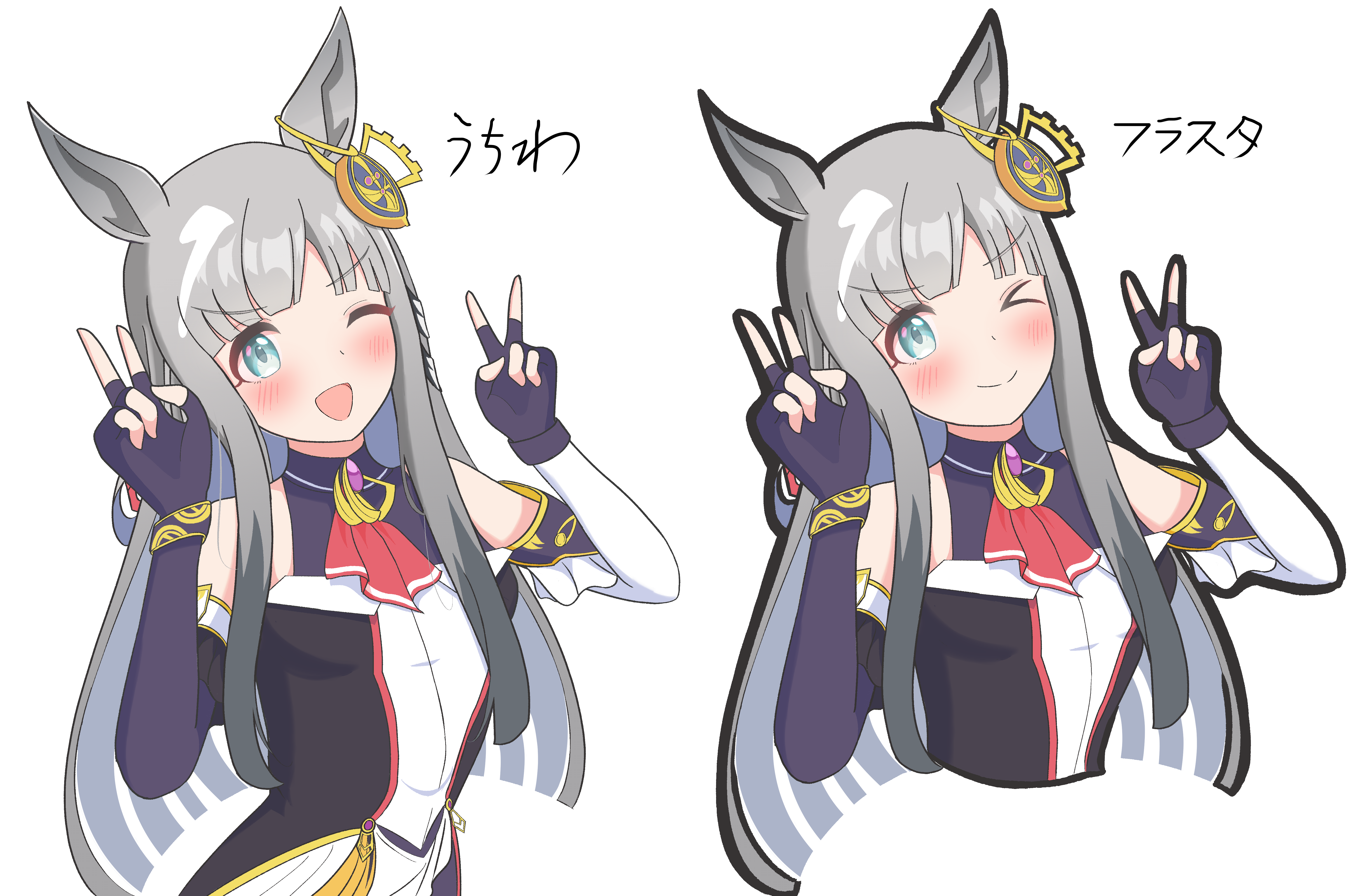hard7v2, chrono genesis (prismatic curator) (umamusume), chrono genesis (umamusume), umamusume, absurdres, highres, 1girl, animal ears, blue eyes, blush, breasts, detached sleeves, double v, fingerless gloves, gloves, grey hair, hair between eyes, hair ornament, horse ears, horse girl, looking at viewer, one eye closed, open mouth, portrait, small breasts, smile, solo, v, white background