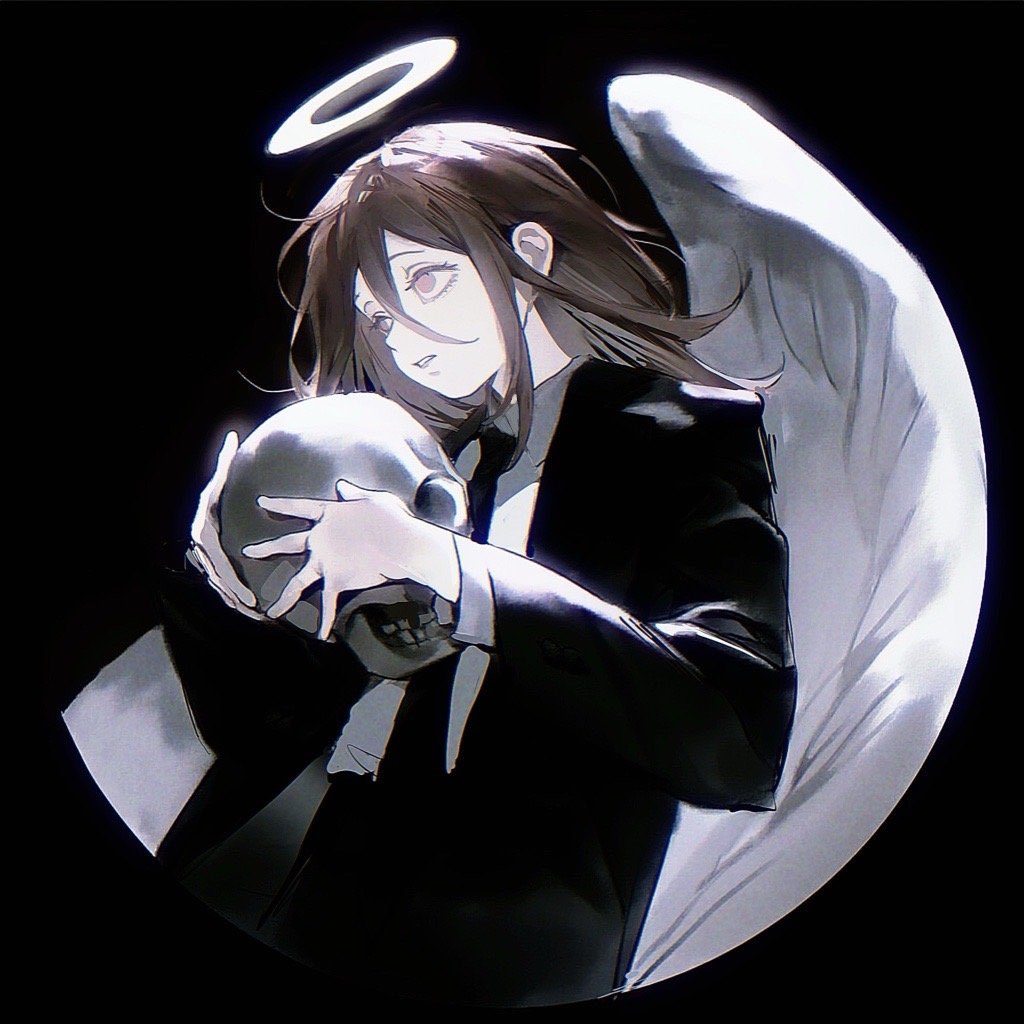 shouka (ly880217), angel devil (chainsaw man), chainsaw man, 1boy, angel, black background, black necktie, brown hair, collared shirt, hair between eyes, halo, holding, holding skull, long hair, long hair between eyes, male focus, necktie, parted lips, shirt, simple background, skull, solo, teeth, white shirt, white wings, wings