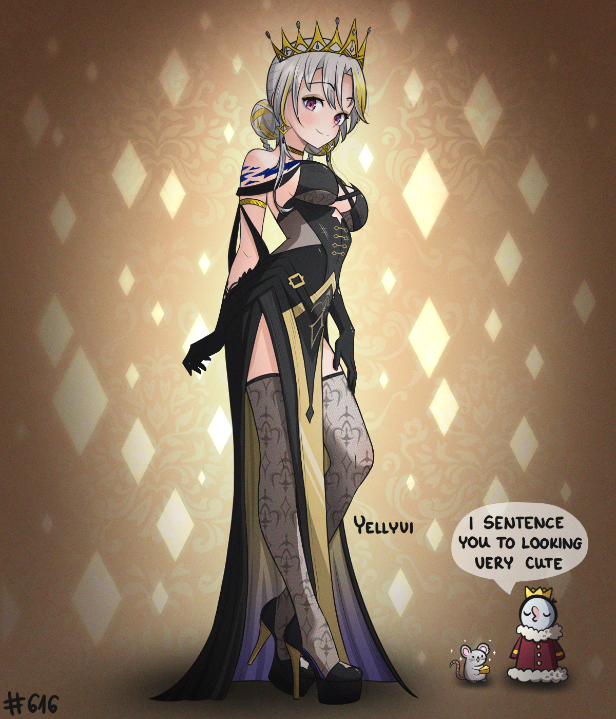 yellyvi, sunny splosion, sunny splosion (witch queen), glitch stars, highres, 1girl, black dress, black gloves, black shoes, blonde hair, breasts, closed mouth, crown, dress, earrings, gloves, gold earrings, grey hair, hair bun, hand on own thigh, high heels, jewelry, mouse (animal), multicolored hair, pelvic curtain, purple eyes, shoes, smile, streaked hair, thighhighs, virtual youtuber