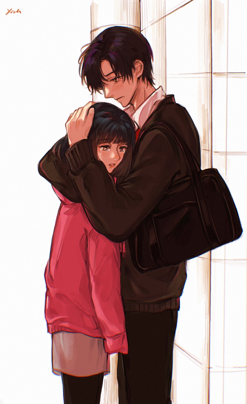 yidou, highres, 1boy, 1girl, artist name, bag, black pants, blush, brown eyes, brown sweater, crying, crying with eyes open, hetero, long sleeves, murai (murai no koi), murai no koi, pants, school bag, short hair, standing, sweater, tanaka ayano, tearing up, tears