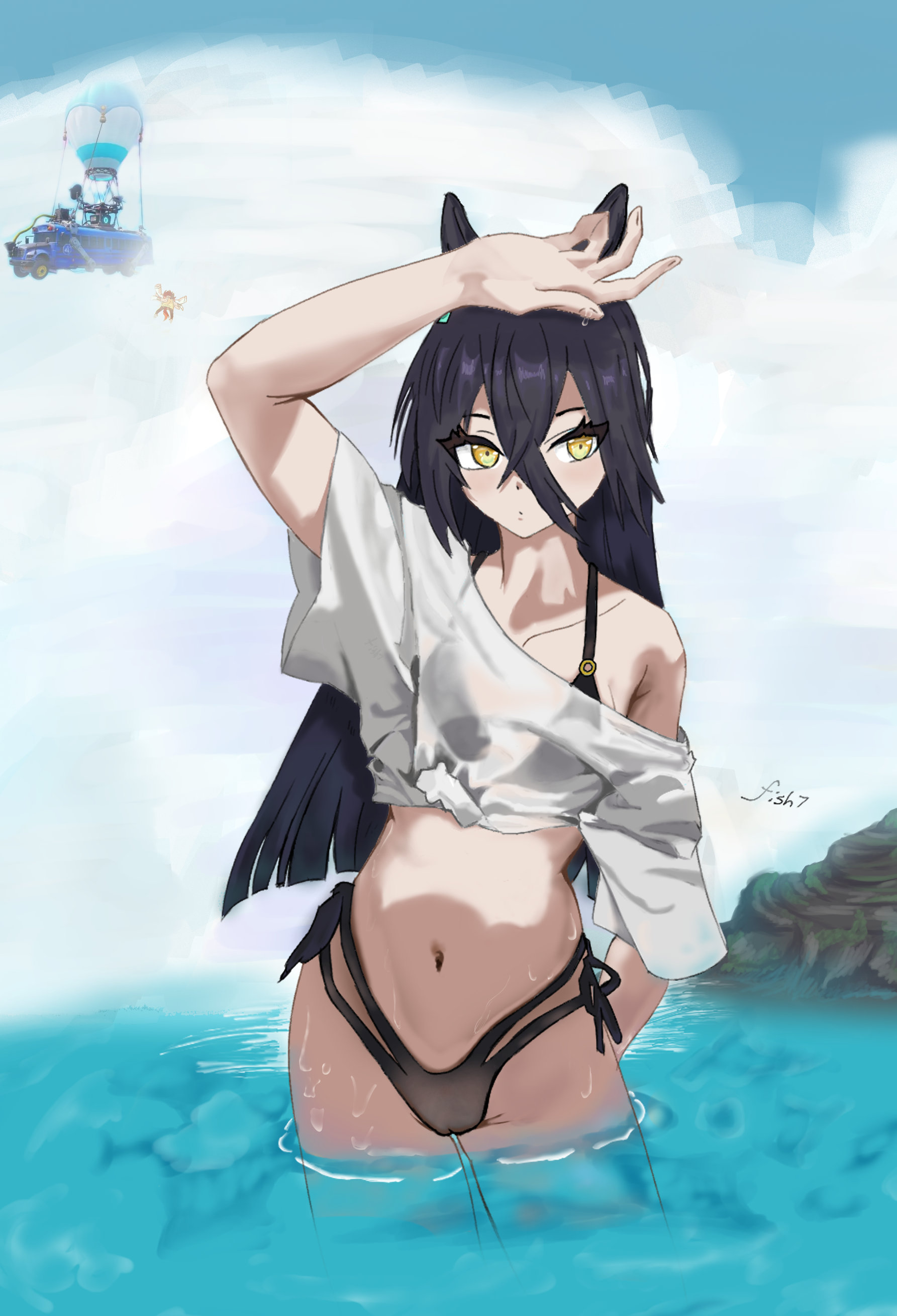 agnes tachyon (umamusume), battle bus (fortnite), manhattan cafe (umamusume), fortnite, umamusume, absurdres, highres, 2girls, aircraft, artist name, bikini, black bikini, black hair, cameltoe, closed mouth, collarbone, crossed bangs, deliciousfish7, dot mouth, hair between eyes, hand on own head, hot air balloon, long bangs, long hair, long hair between eyes, multiple girls, navel, ocean, off shoulder, rock, shirt, short sleeves, signature, single bare shoulder, single off shoulder, solo focus, swimsuit, tied shirt, very long hair, wading, wet, wet clothes, wet shirt, white shirt