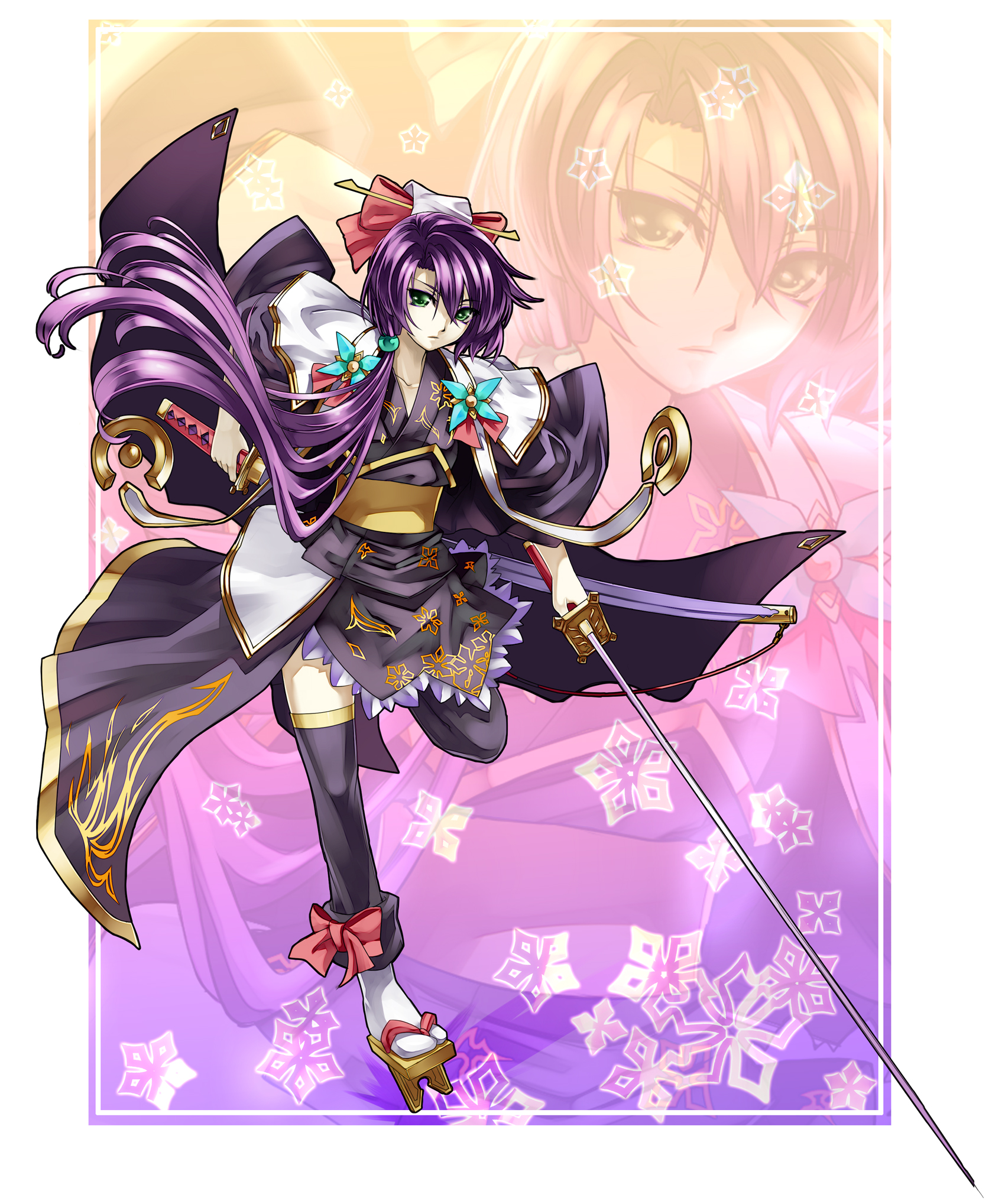 fourteen, original, highres, 1girl, fantasy, female focus, geta, green eyes, purple hair, solo, sword, weapon, zoom layer