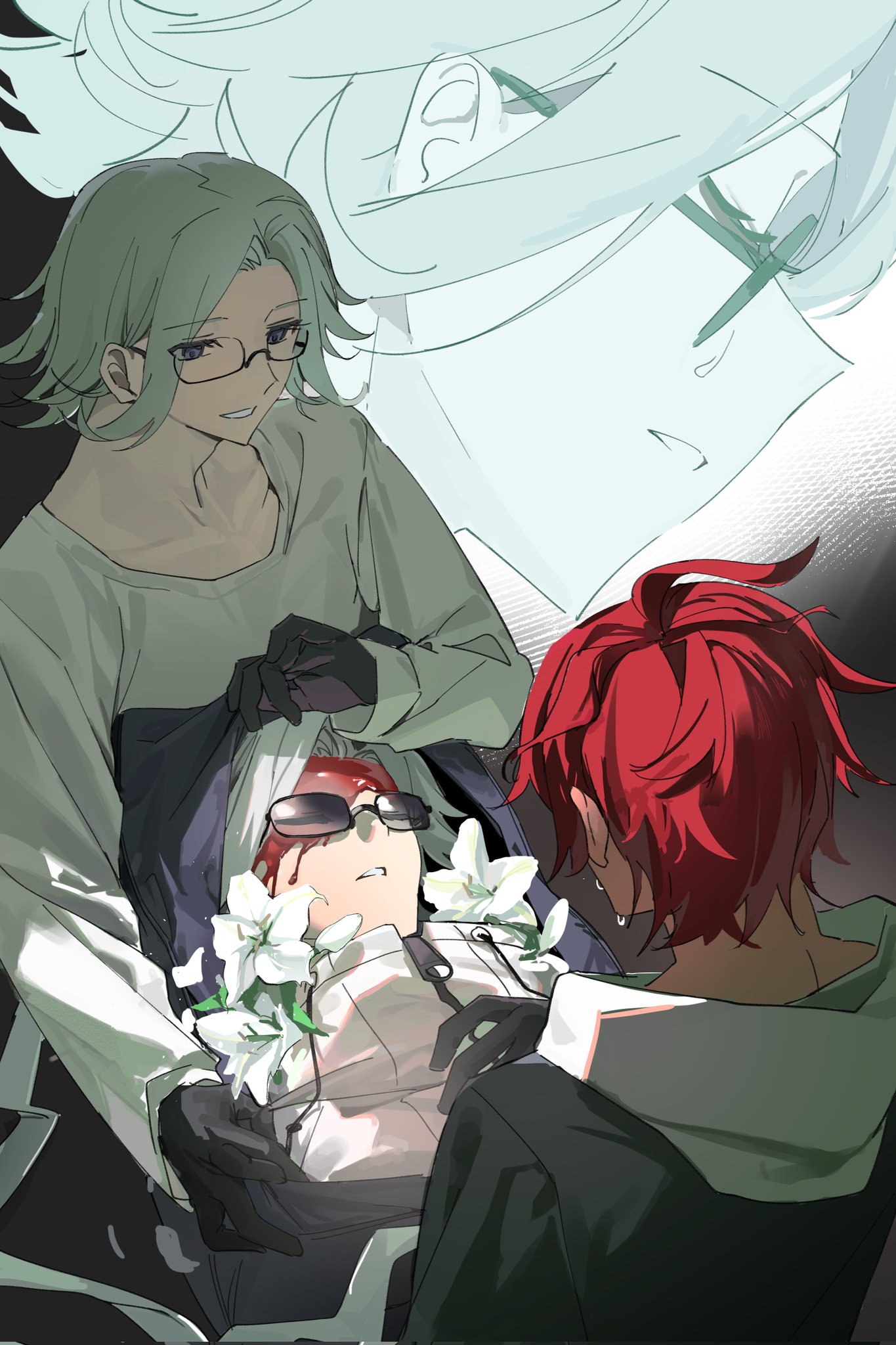 aotsuki eito, sumino takumi, the hundred line -last defense academy-, chinese commentary, commentary request, highres, 3boys, ahoge, anfuu daisuki, black gloves, blood, blood on face, body bag, character background, closed eyes, corpse, crying, dual persona, flower, glasses, gloves, grey hair, grey jacket, hood, hoodie, jacket, jacket over hoodie, looking at another, male focus, multiple boys, red hair, shirt, short hair, smile, white hoodie, white jacket, white shirt