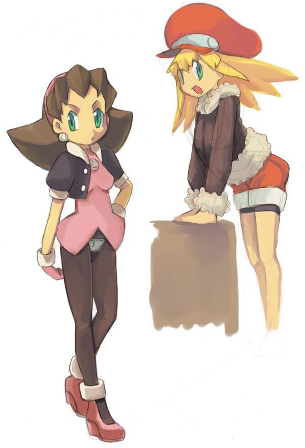 roll caskett (mega man), tron bonne (mega man), capcom, mega man (series), mega man legends (series), 2girls, blonde hair, brown hair, crotch plate, earrings, gloves, green eyes, hair slicked back, hairband, hat, jewelry, multiple girls, newsboy cap, pantyhose, red shorts, short hair, shorts, simple background, spandex, unworn gloves, white background
