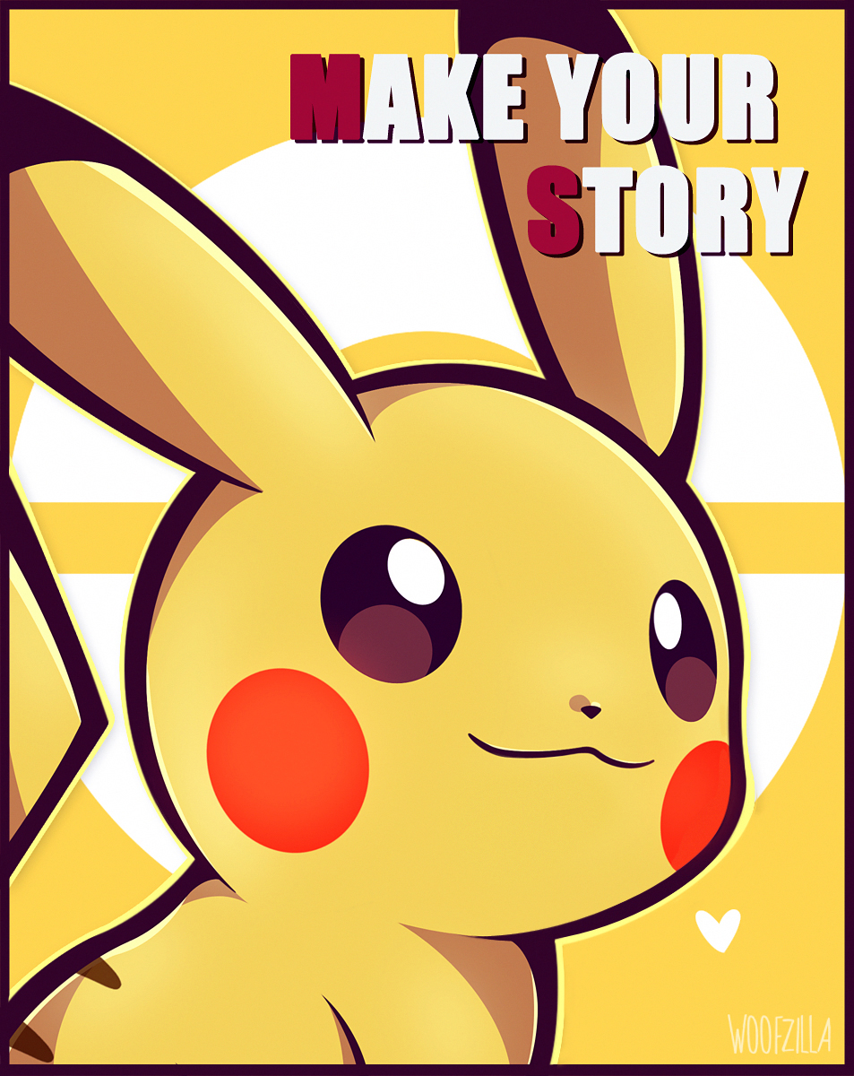 woofzilla, pikachu, nintendo, pokemon, commentary, english commentary, highres, black eyes, bright pupils, closed mouth, english text, gen 1 pokemon, heart, looking ahead, no humans, pokemon (creature), signature, solo, white pupils, yellow background