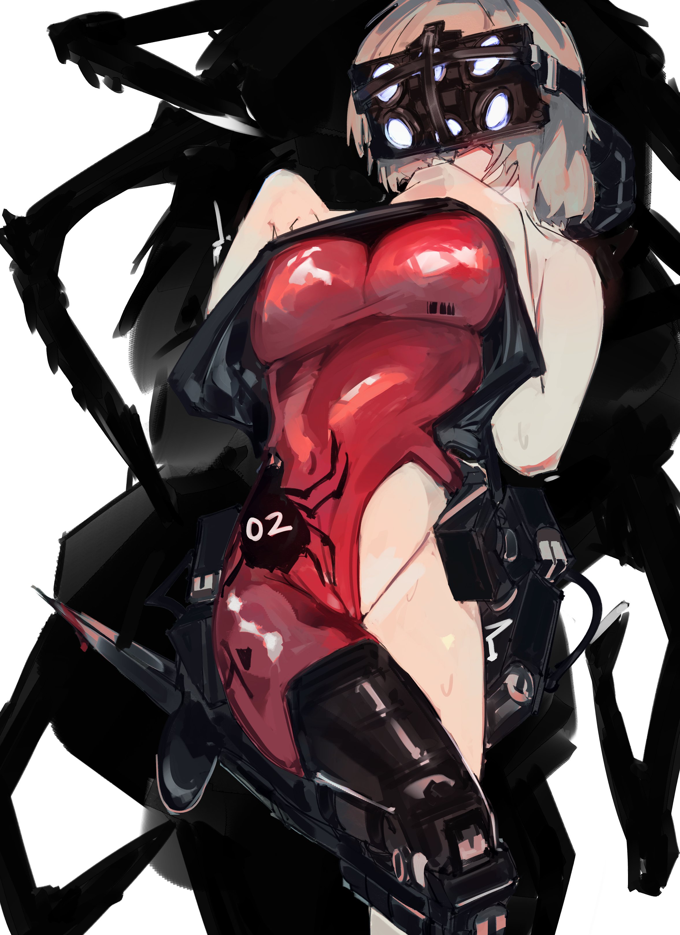 original, absurdres, commentary, highres, symbol-only commentary, 1girl, blood, bloody knife, bodysuit, breasts, bug, cameltoe, clothes lift, cruncle02, cyberpunk, cyborg, head-mounted display, knife, labia slip, large breasts, lifting own clothes, mechanical legs, medium hair, painterly, red bodysuit, science fiction, shirt lift, single mechanical leg, solo, spider, sweat, torn bodysuit, torn clothes, white background