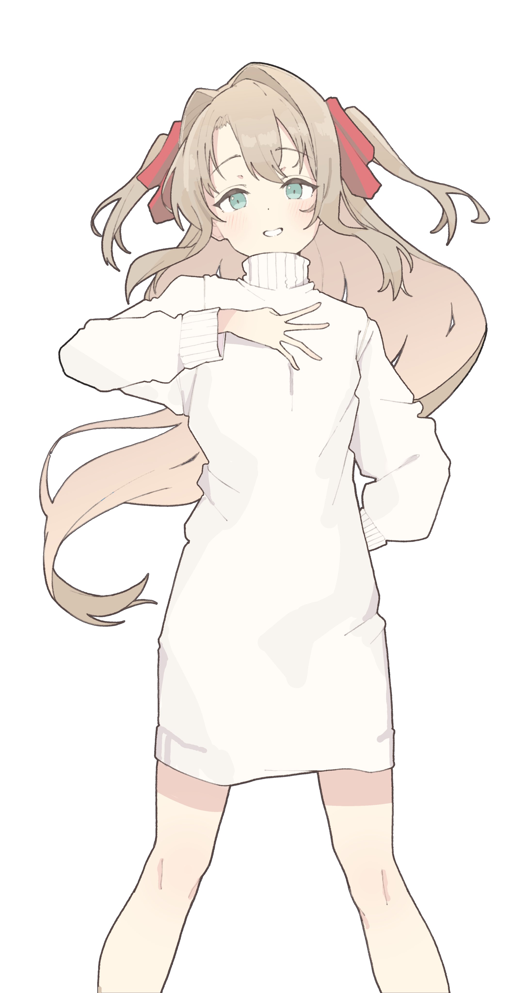 s10021, absurdres, commentary, hashtag-only commentary, highres, 1girl, blue eyes, brown hair, feet out of frame, hair ribbon, kamiina botan, kamiina botan yoeru sugata wa yuri no hana, parted lips, red ribbon, ribbon, simple background, smile, solo, sweater, two side up, white background, white sweater