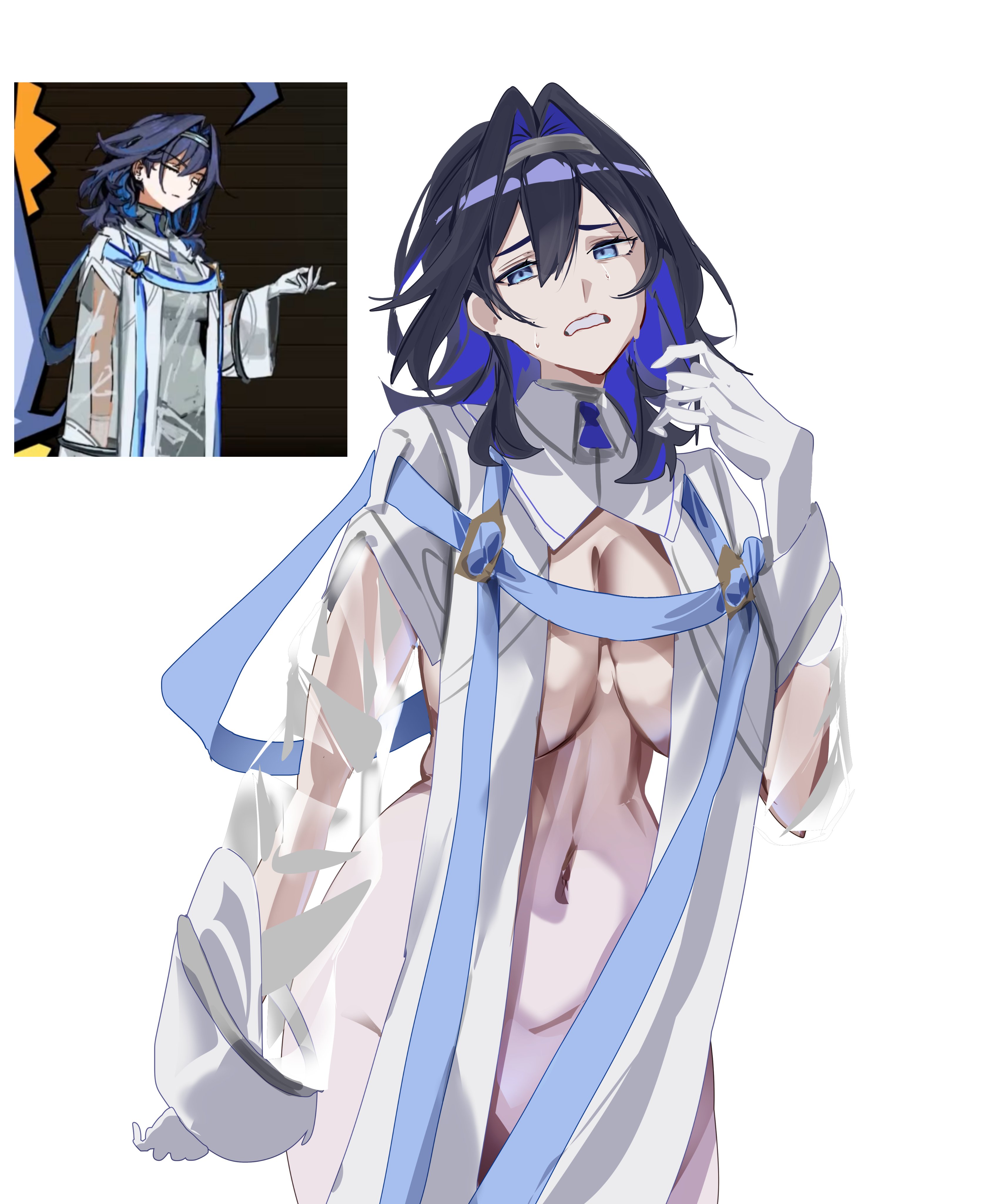 daaku (koizumi arata), ouro kronii, hololive, hololive english, absurdres, highres, 1girl, black hair, blue eyes, blue hair, breasts, coat, gloves, hair intakes, large breasts, long hair, looking at viewer, navel, open clothes, open coat, raincoat, see-through clothes, see-through raincoat, simple background, solo, sweat, virtual youtuber, white background, white gloves