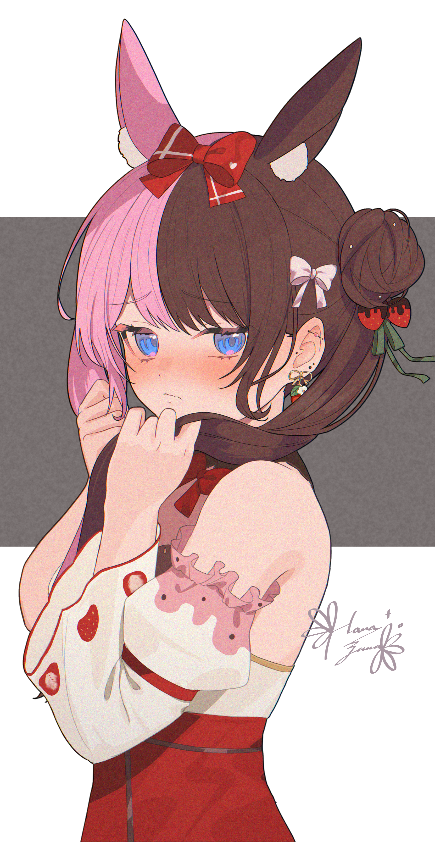 hanazawa ma, tachibana hinano, vspo!, absurdres, highres, 1girl, animal ears, bare shoulders, blush, bow, brown hair, closed mouth, dress, ear piercing, earrings, embarrassed, extra ears, food-themed earrings, food-themed hair ornament, food themed earrings, green ribbon, grey background, hair bow, hair bun, hair ornament, hair ribbon, jewelry, long hair, looking at viewer, multicolored hair, piercing, pink hair, pink sleeves, purple eyes, rabbit ears, rabbit girl, red bow, red dress, ribbon, signature, solo, split-color hair, strawberry earrings, strawberry hair ornament, twintails, two-tone hair, virtual youtuber, white background, white bow, white dress, white sleeves