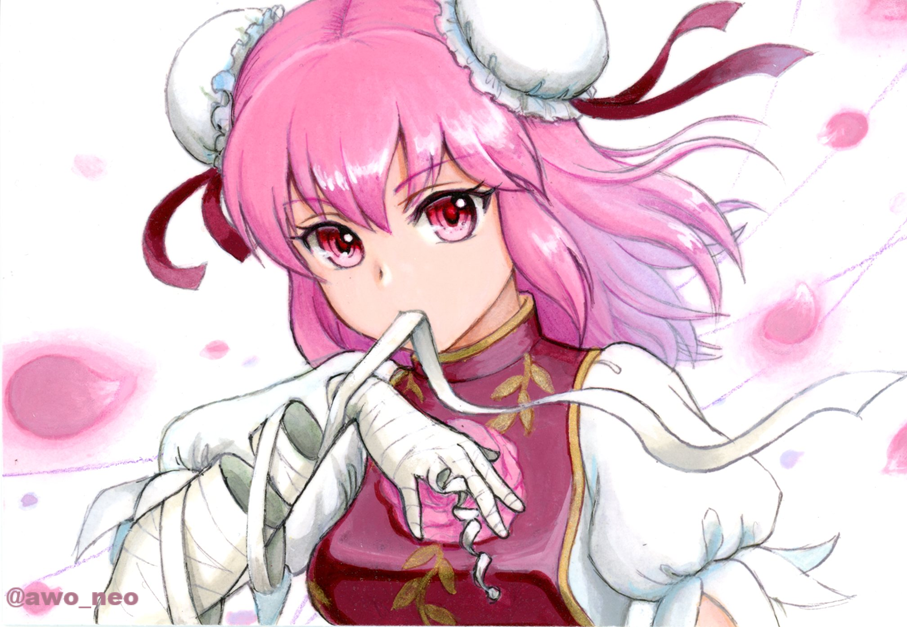 ibaraki kasen, touhou, commentary request, traditional media, 1girl, awo neo, bandage in mouth, bandaged arm, bandages, breasts, bun cover, double bun, falling petals, false arm, flower, hair bun, long hair, looking at viewer, mouth hold, petals, pink eyes, pink flower, pink hair, pink petals, pink rose, puffy short sleeves, puffy sleeves, red tabard, rose, shirt, short sleeves, solo, tabard, twitter username, white shirt