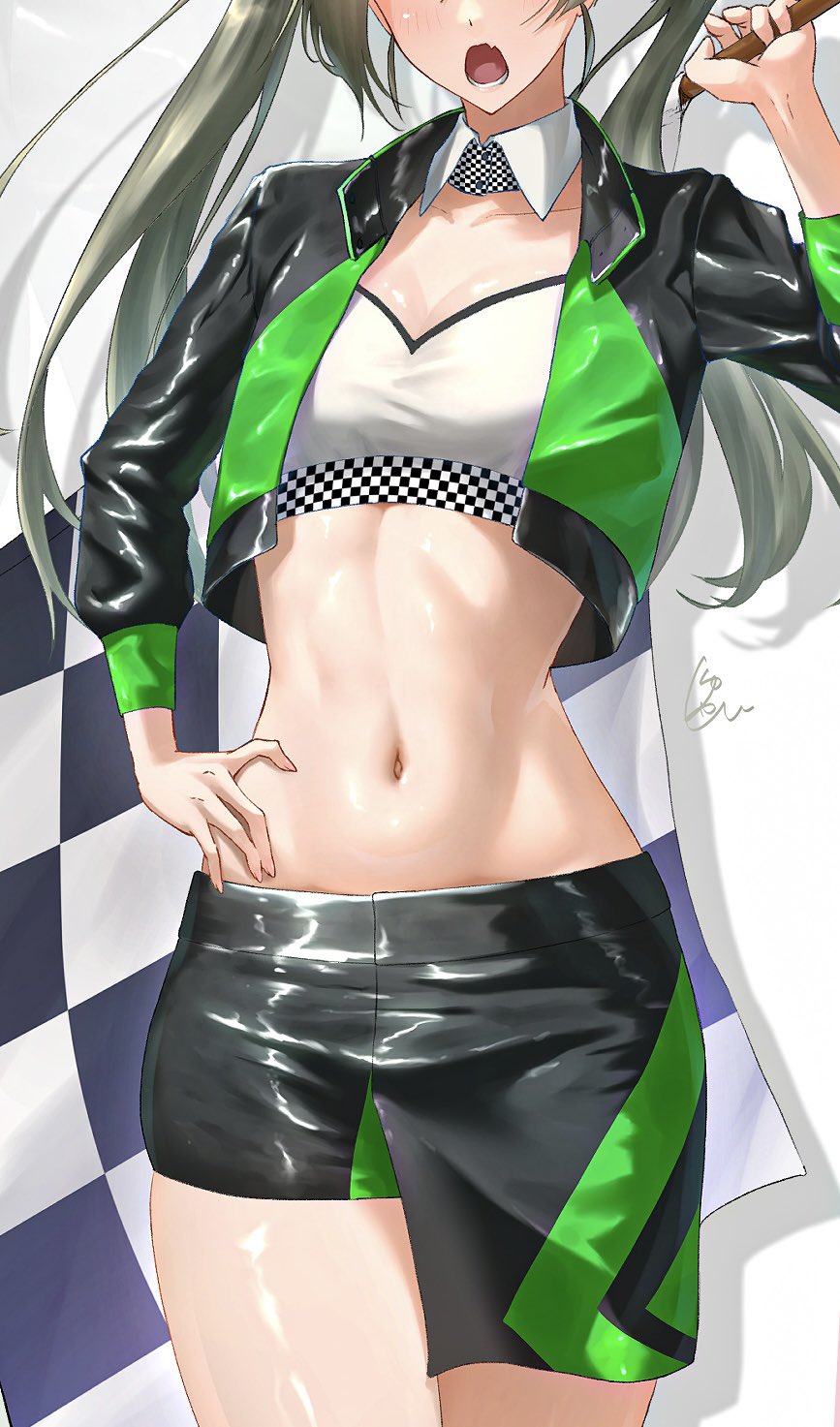 shushan, zuikaku (kancolle), zuikaku (race queen) (kancolle), kantai collection, cropped, highres, 1girl, black jacket, black skirt, checkered flag, close-up, cropped jacket, flag, jacket, long hair, midriff, navel, open mouth, race queen, ribbon, skirt, solo, strapless, tube top, twintails, two-tone skirt, white tube top