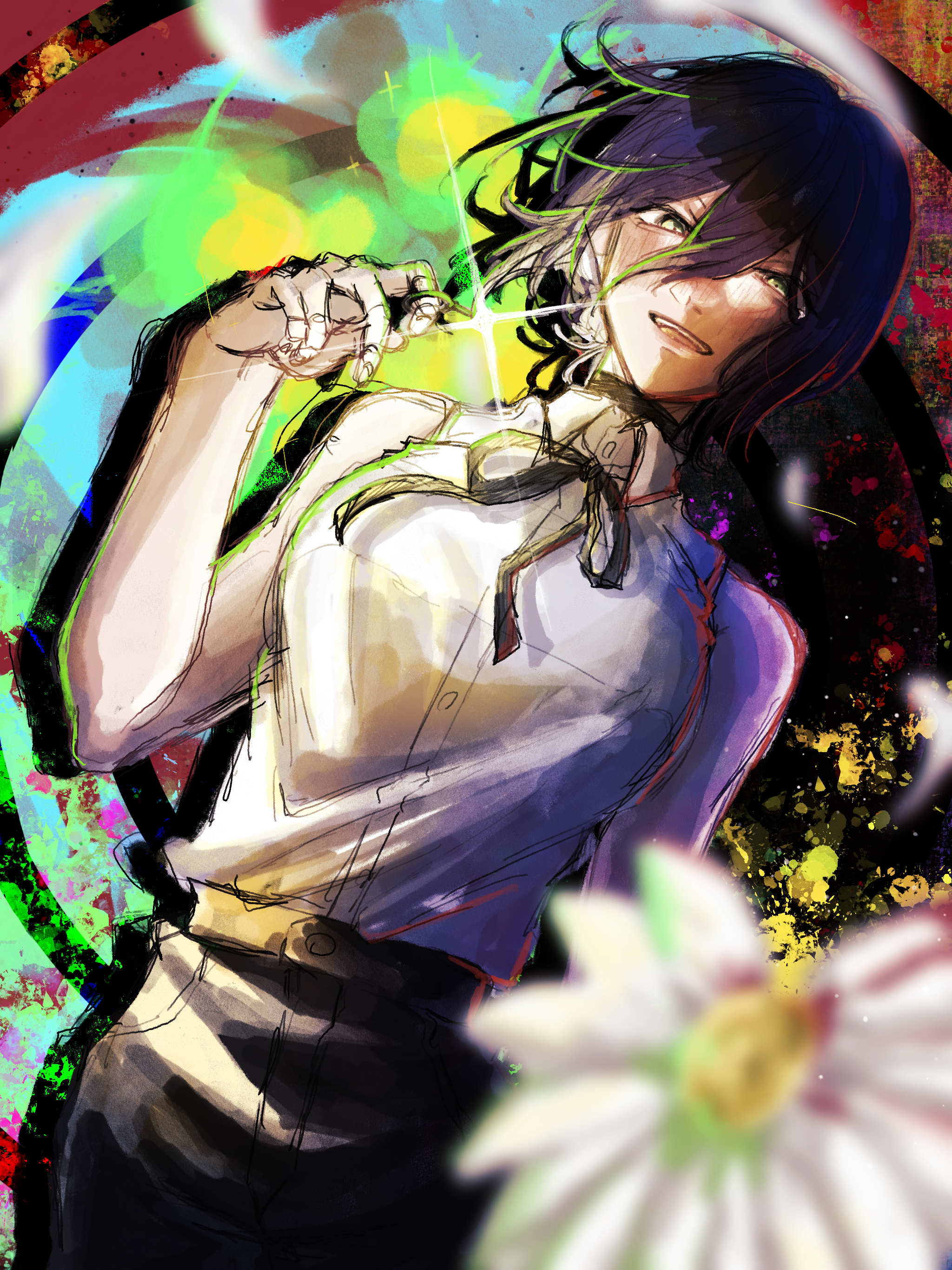 nshi 5477, reze (chainsaw man), chainsaw man, absurdres, commentary request, highres, 1girl, black choker, black hair, black ribbon, black shorts, blurry, blurry foreground, choker, collared shirt, flower, green eyes, grenade pin, hair between eyes, looking at viewer, neck ribbon, ribbon, shirt, shirt tucked in, shorts, sleeveless, sleeveless shirt, solo, white flower, white shirt