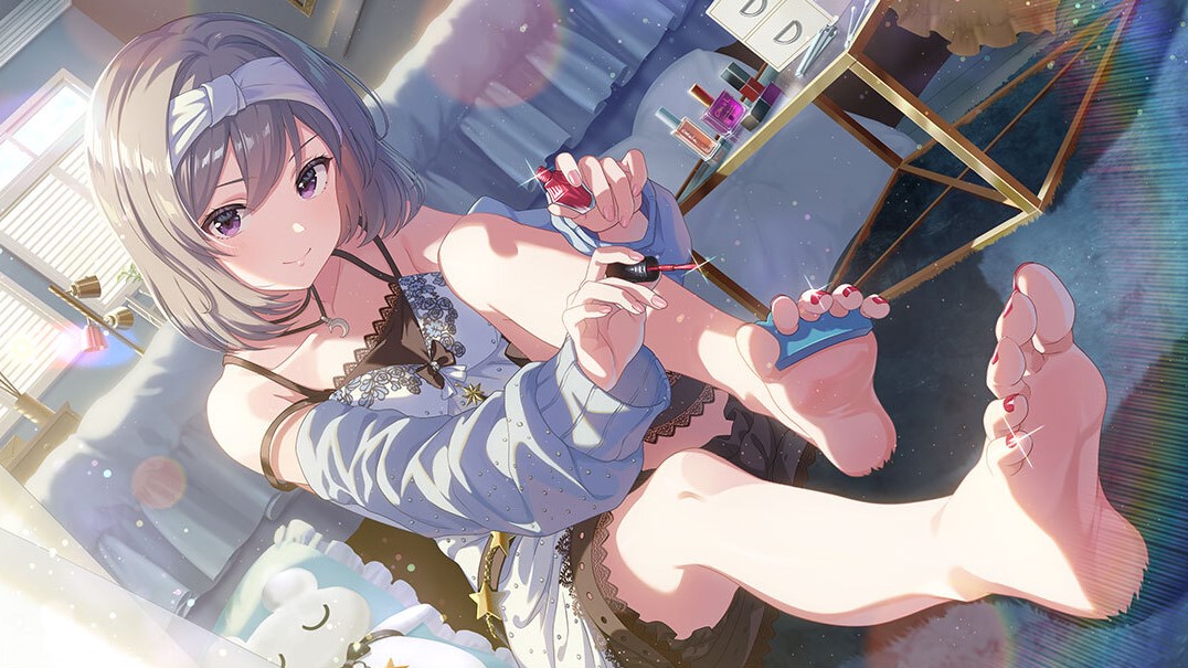 kanzaki rio, idoly pride, game cg, official art, third-party source, 1girl, applying pedicure, bare legs, bare shoulders, barefoot, bed, breasts, collarbone, cosmetics, dutch angle, feet, foot focus, foreshortening, gold trim, grey hair, hair between eyes, hairband, indoors, jewelry, knee up, lace trim, legs, lens flare, looking at viewer, medium hair, nail polish, nail polish bottle, nail polish brush, necklace, on ground, purple eyes, shadow, sitting, small breasts, smile, soles, solo, strap slip, toenail polish, toenails, toes, white hairband, window