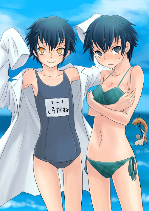 arihana (hakura), shadow (persona), shadow naoto, shirogane naoto, atlus, persona, persona 4, 2girls, aged down, bikini, bikini under clothes, blue eyes, dark persona, day, dual persona, fish, flat chest, lab coat, multiple girls, no pants, ocean, one-piece swimsuit, open clothes, orange eyes, polearm, school swimsuit, short hair, spear, swimsuit, swimsuit under clothes, trident, water, weapon