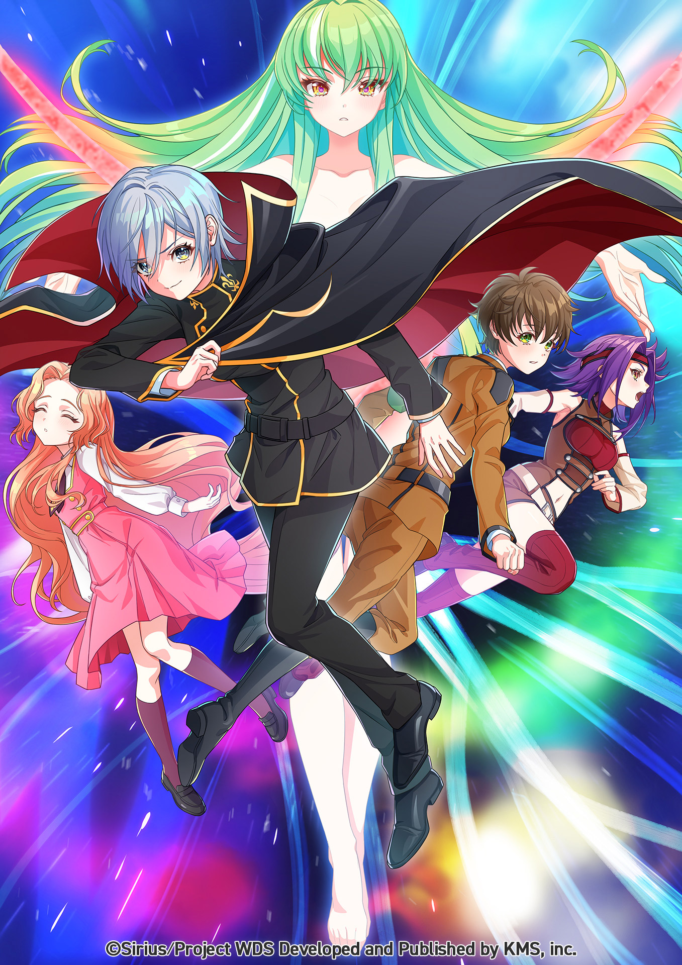 themis (themis adgjm), akiru kamira, c.c., kouzuki kallen, kururugi suzaku, lelouch vi britannia, motosu towa, nekoashi tsubomi, nunnally vi britannia, senju iroha, shiromaru mito, code geass, world dai star, highres, official art, black cape, blue hair, brown hair, c.c. (cosplay), cape, collarbone, cosplay, dress, floating hair, green eyes, kouzuki kallen (cosplay), kururugi suzaku (cosplay), lelouch vi britannia (cosplay), long hair, looking at viewer, multiple boys, multiple girls, nunnally vi britannia (cosplay), pink dress, shirt, sleeveless, very long hair, yellow eyes