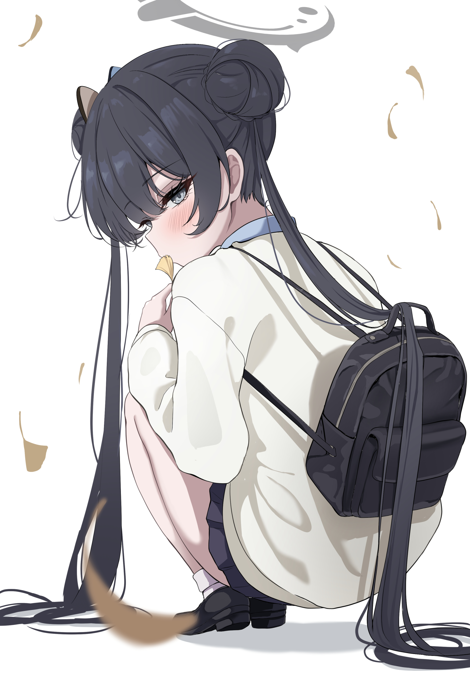 tarako (tarakopng), kisaki (blue archive), blue archive, highres, 1girl, alternate costume, bag, black bag, black hair, black shoes, black skirt, blush, double bun, grey eyes, grey halo, hair bun, halo, holding, holding bag, jacket, long hair, looking at viewer, pleated skirt, shoes, sidelocks, skirt, socks, solo, twintails, white jacket, white socks
