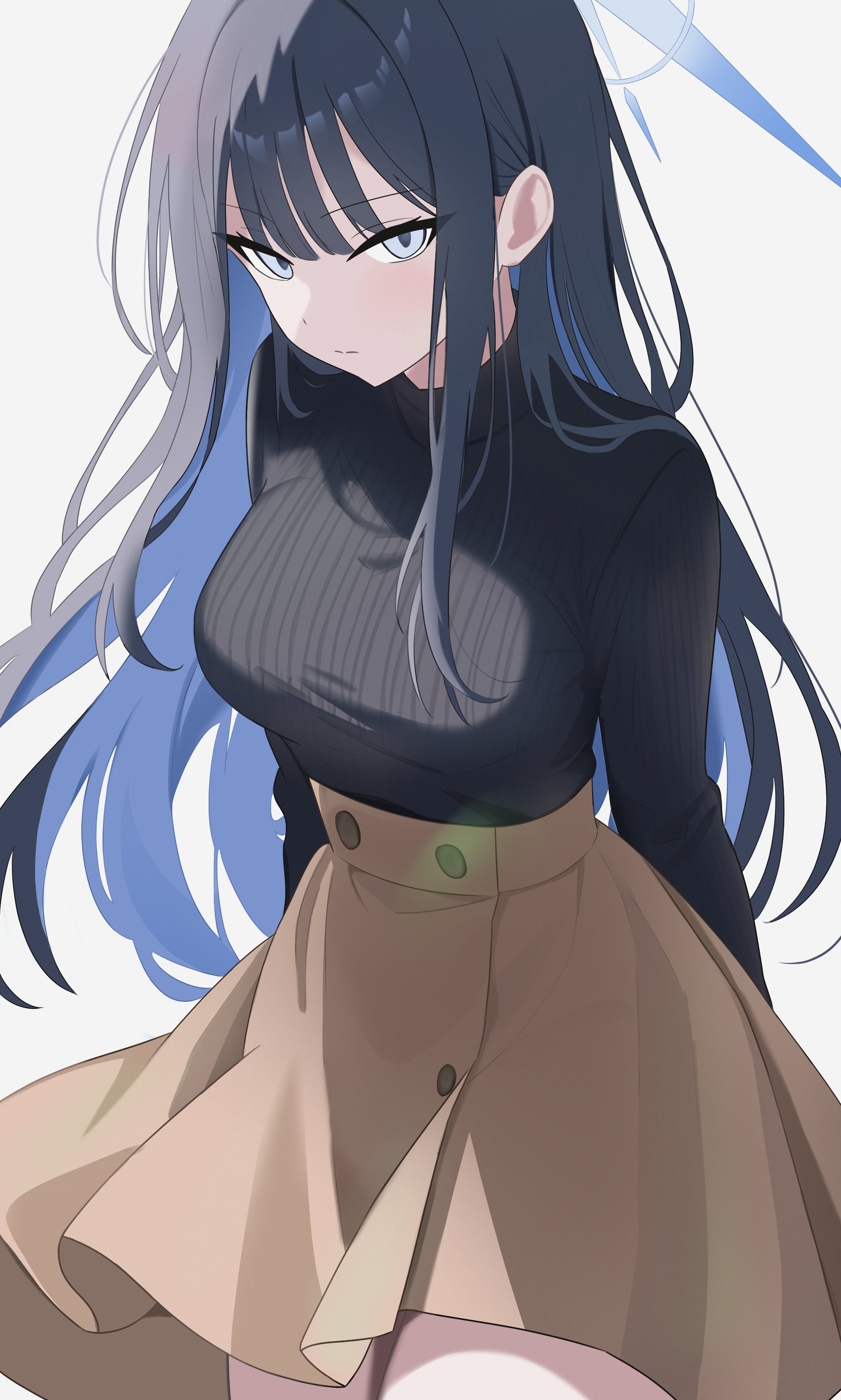 blue nns09, saori (blue archive), blue archive, absurdres, highres, 1girl, arms behind back, black hair, black shirt, blue eyes, blue hair, brown skirt, closed mouth, floating hair, grey background, halo, looking to the side, shirt, sidelocks, skirt, standing